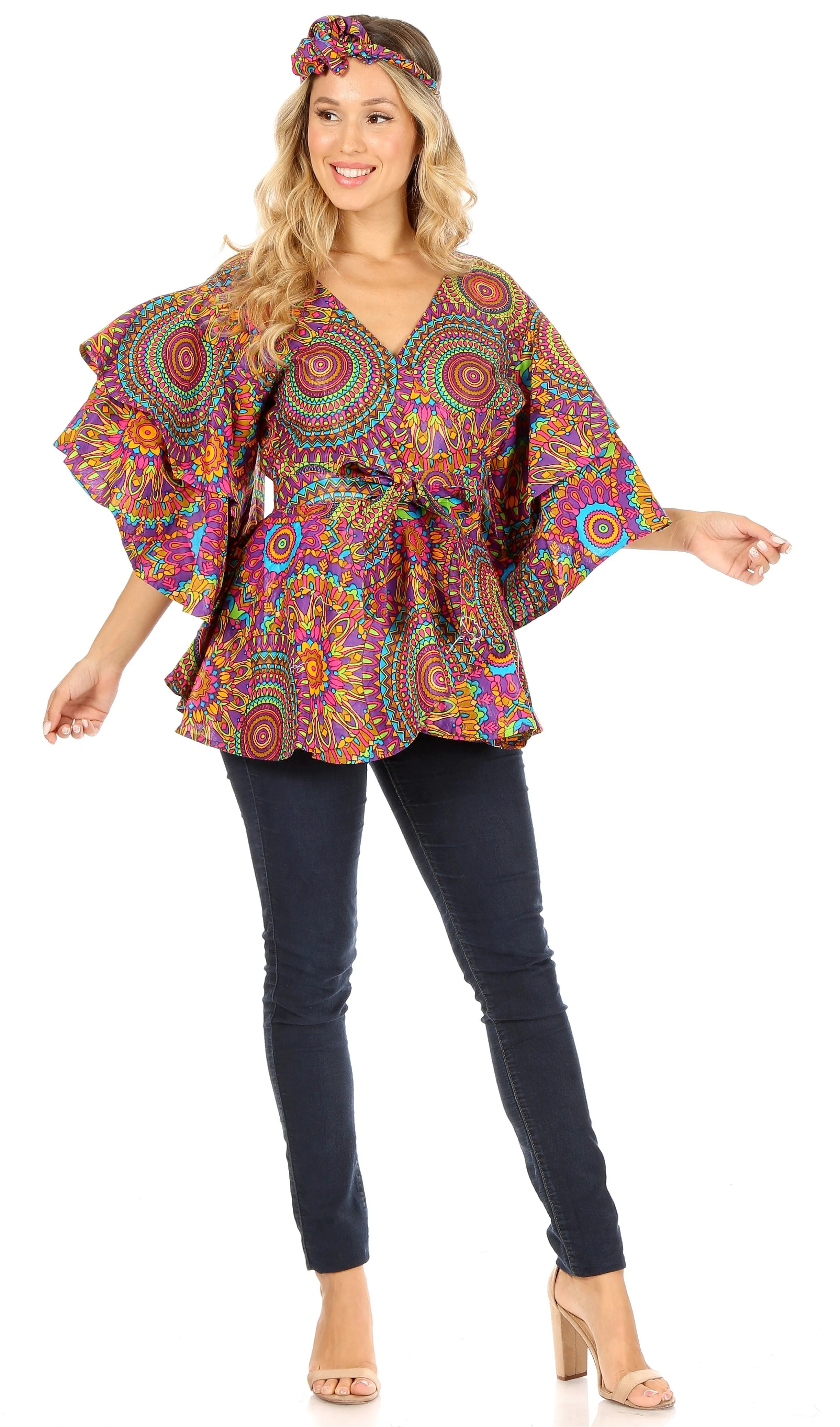 Sakkas Antonella Women's Ruffle Short Sleeve African Ankara V neck Wrap Top Blouse