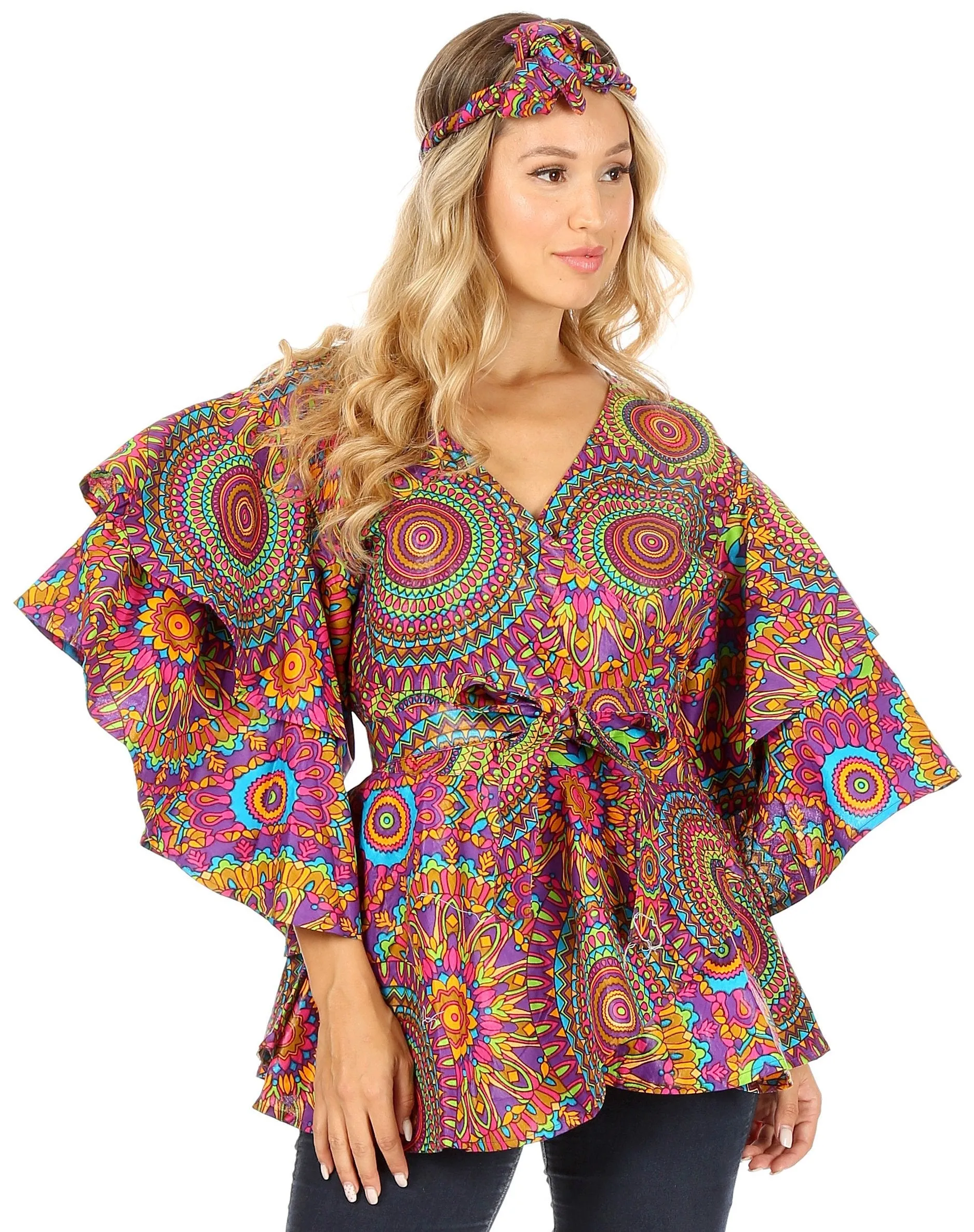 Sakkas Antonella Women's Ruffle Short Sleeve African Ankara V neck Wrap Top Blouse