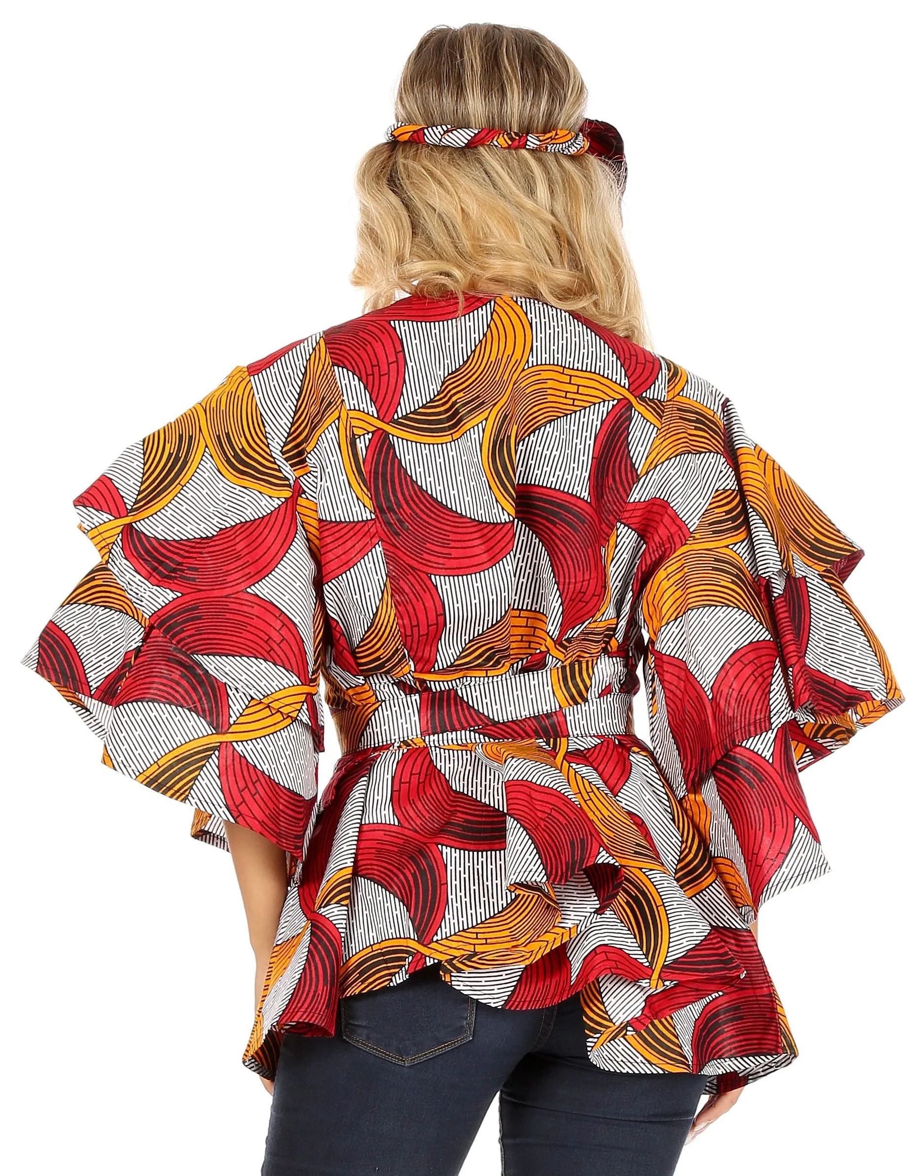 Sakkas Antonella Women's Ruffle Short Sleeve African Ankara V neck Wrap Top Blouse