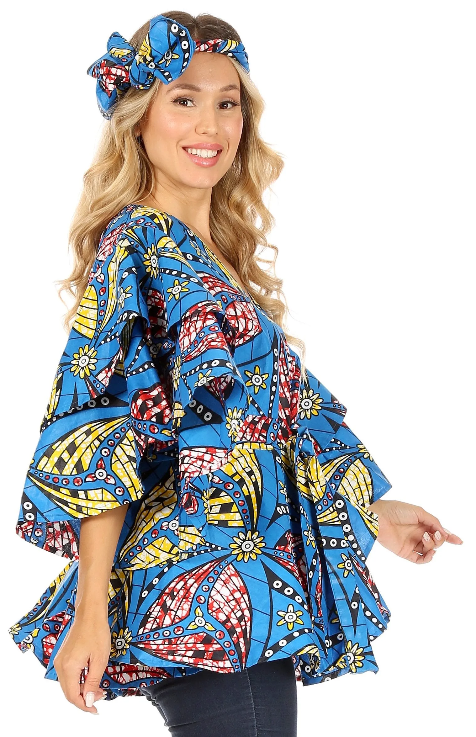 Sakkas Antonella Women's Ruffle Short Sleeve African Ankara V neck Wrap Top Blouse