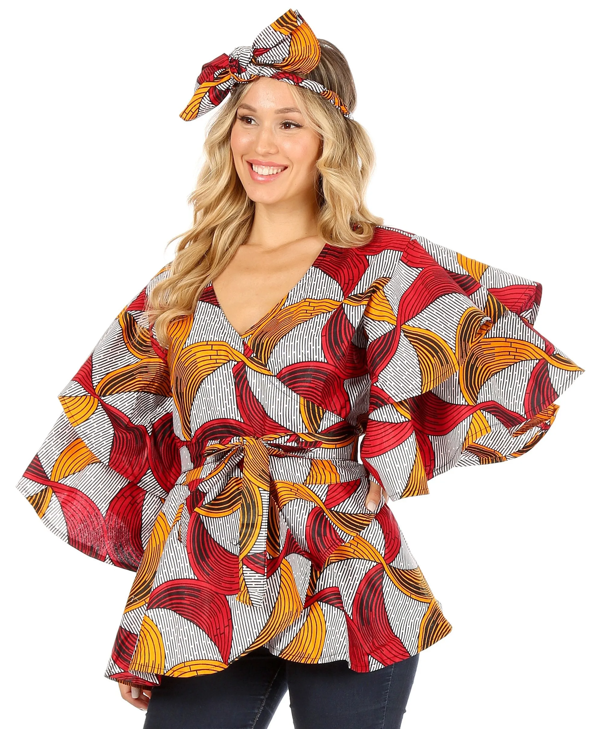 Sakkas Antonella Women's Ruffle Short Sleeve African Ankara V neck Wrap Top Blouse