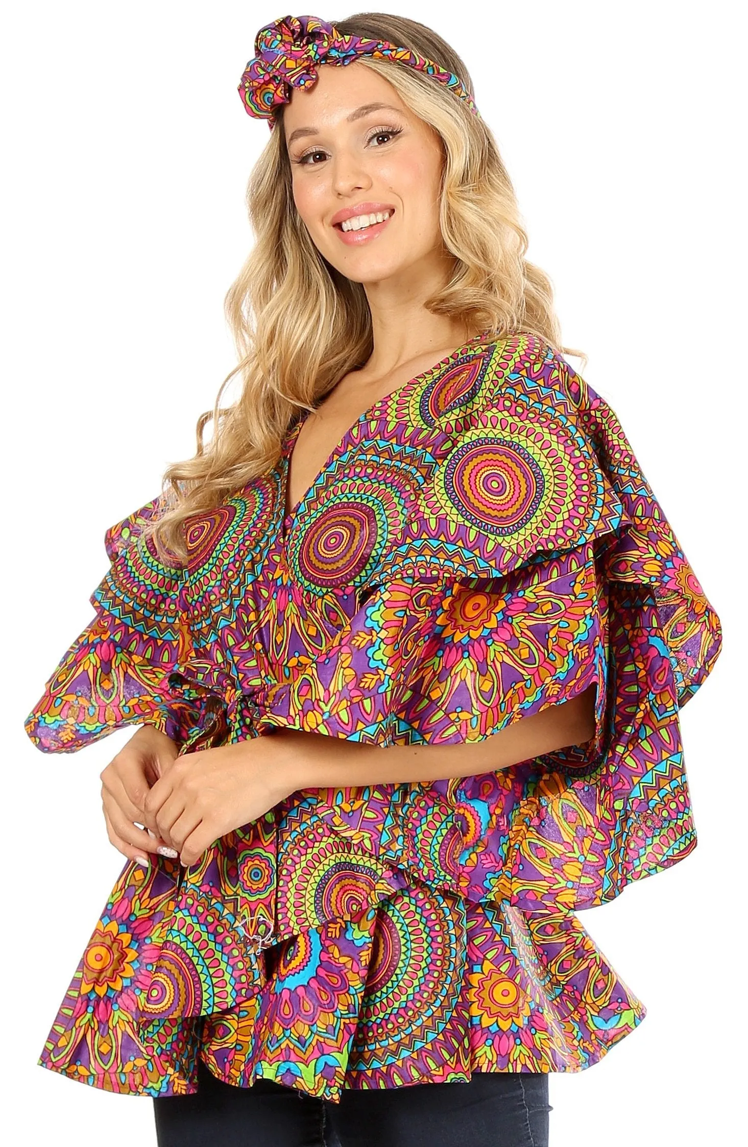 Sakkas Antonella Women's Ruffle Short Sleeve African Ankara V neck Wrap Top Blouse