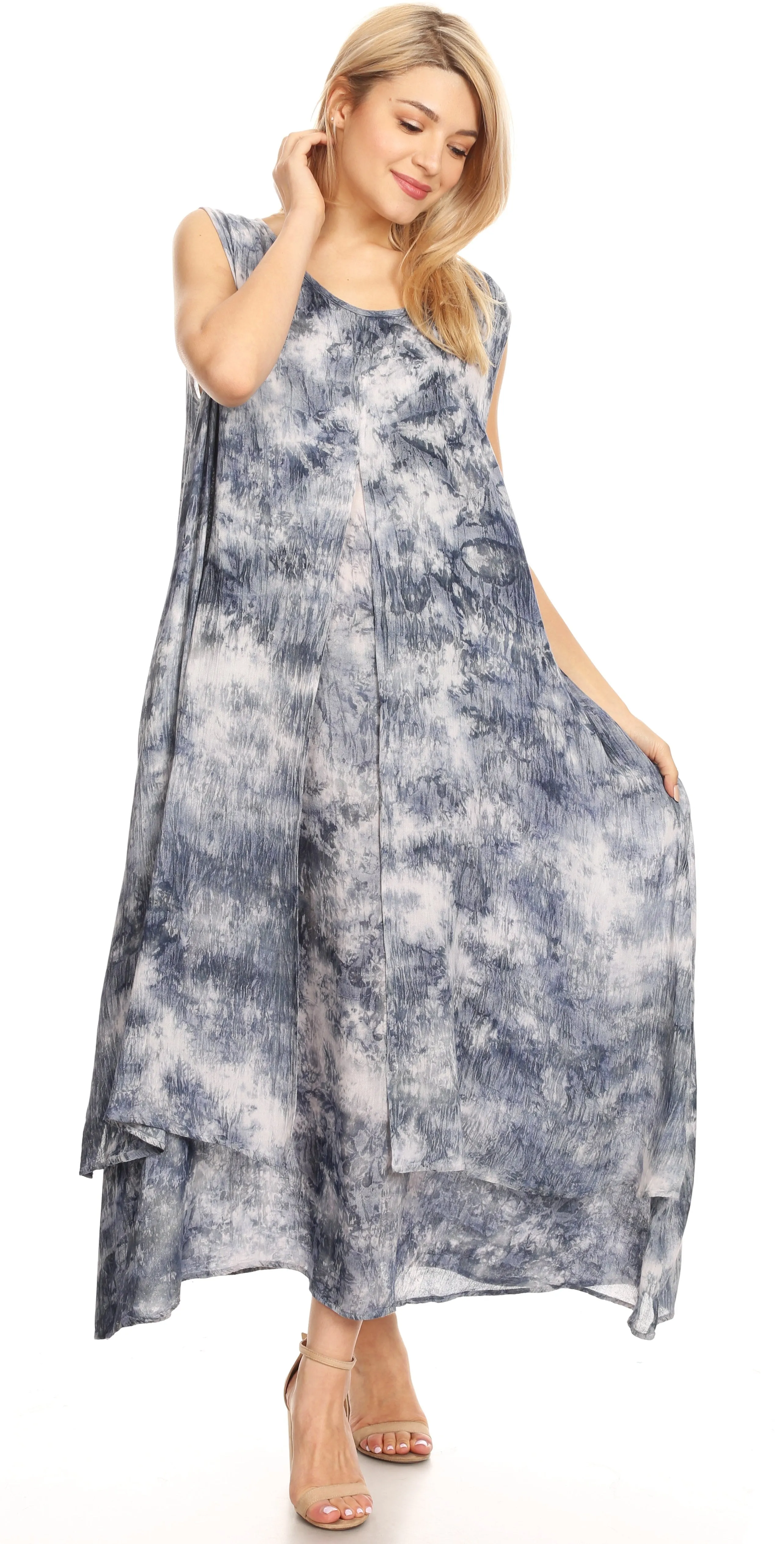 Sakkas Arisa Women's Maxi Casual Tie Dye Sleeveless Layered Cover up Tank Dress