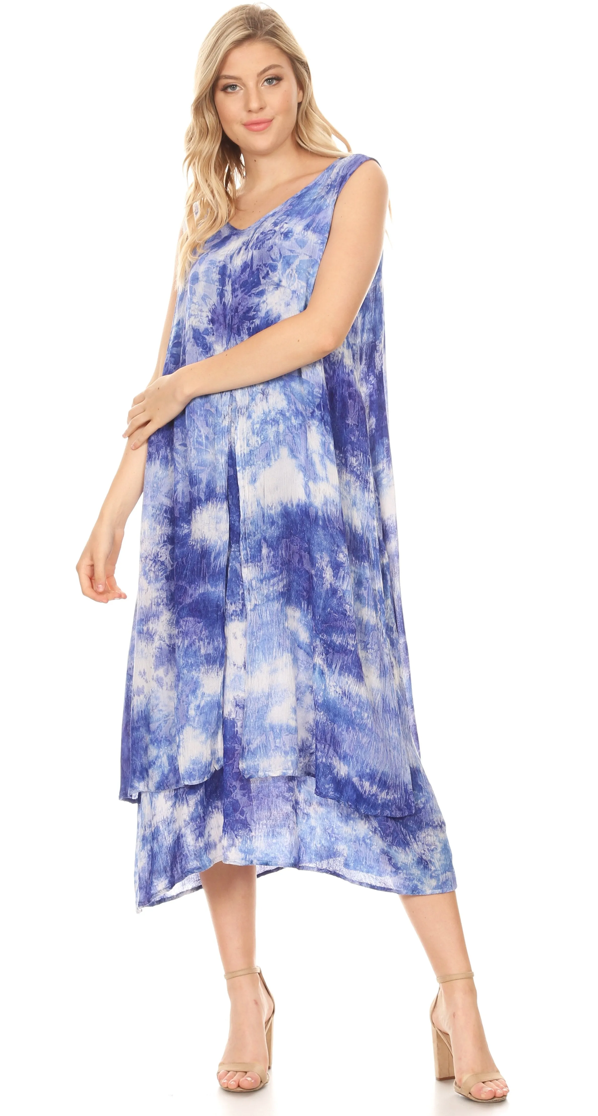 Sakkas Arisa Women's Maxi Casual Tie Dye Sleeveless Layered Cover up Tank Dress