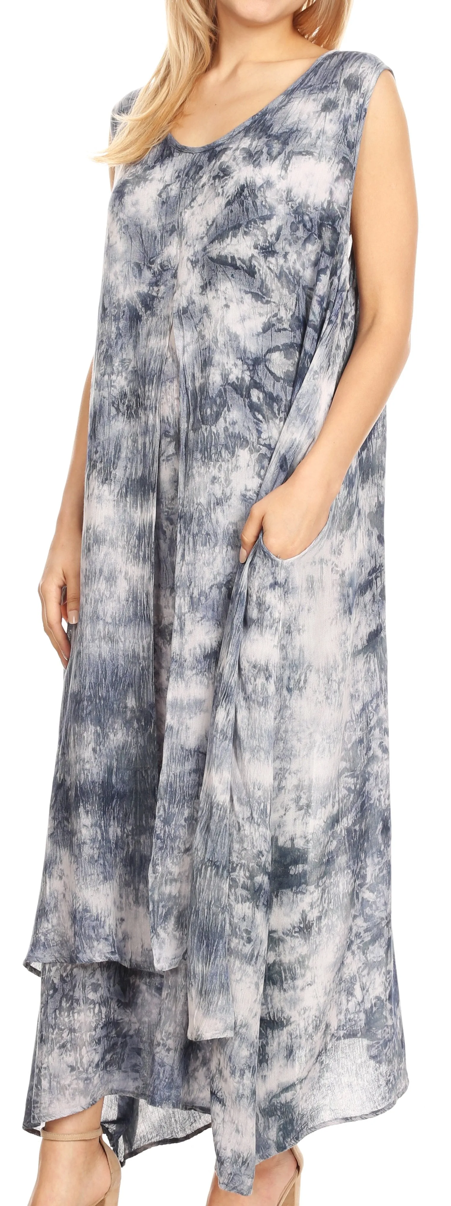 Sakkas Arisa Women's Maxi Casual Tie Dye Sleeveless Layered Cover up Tank Dress