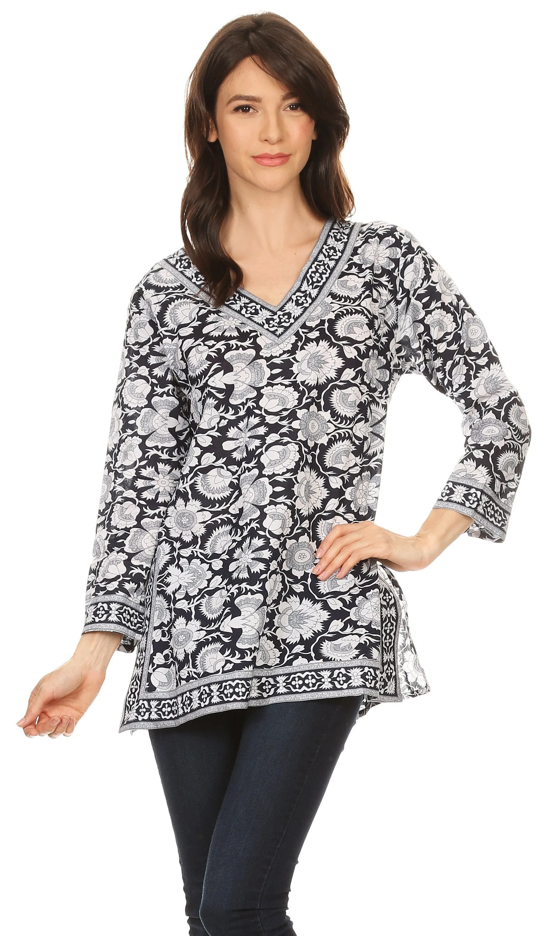 Sakkas Assia Damask Floral Long Sleeve Blouse Tunic