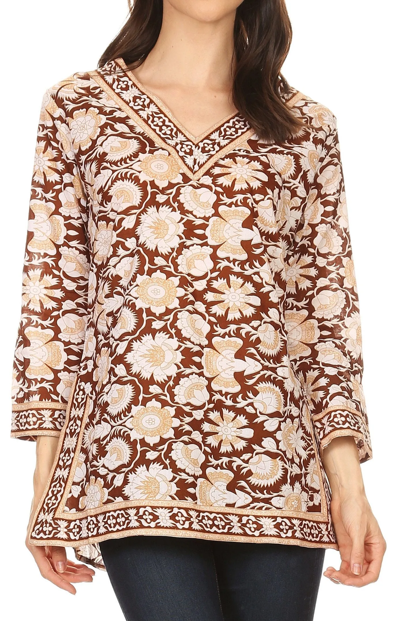 Sakkas Assia Damask Floral Long Sleeve Blouse Tunic