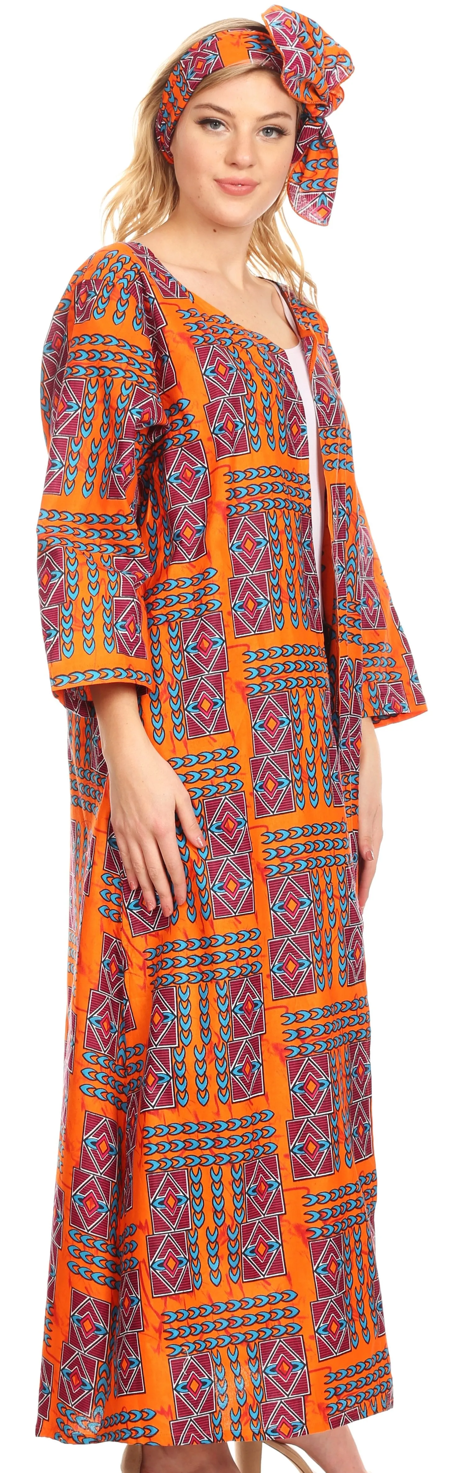 Sakkas Bolanile Cardigan Coat Long Sleeves African Ankara Print With Head Scarf