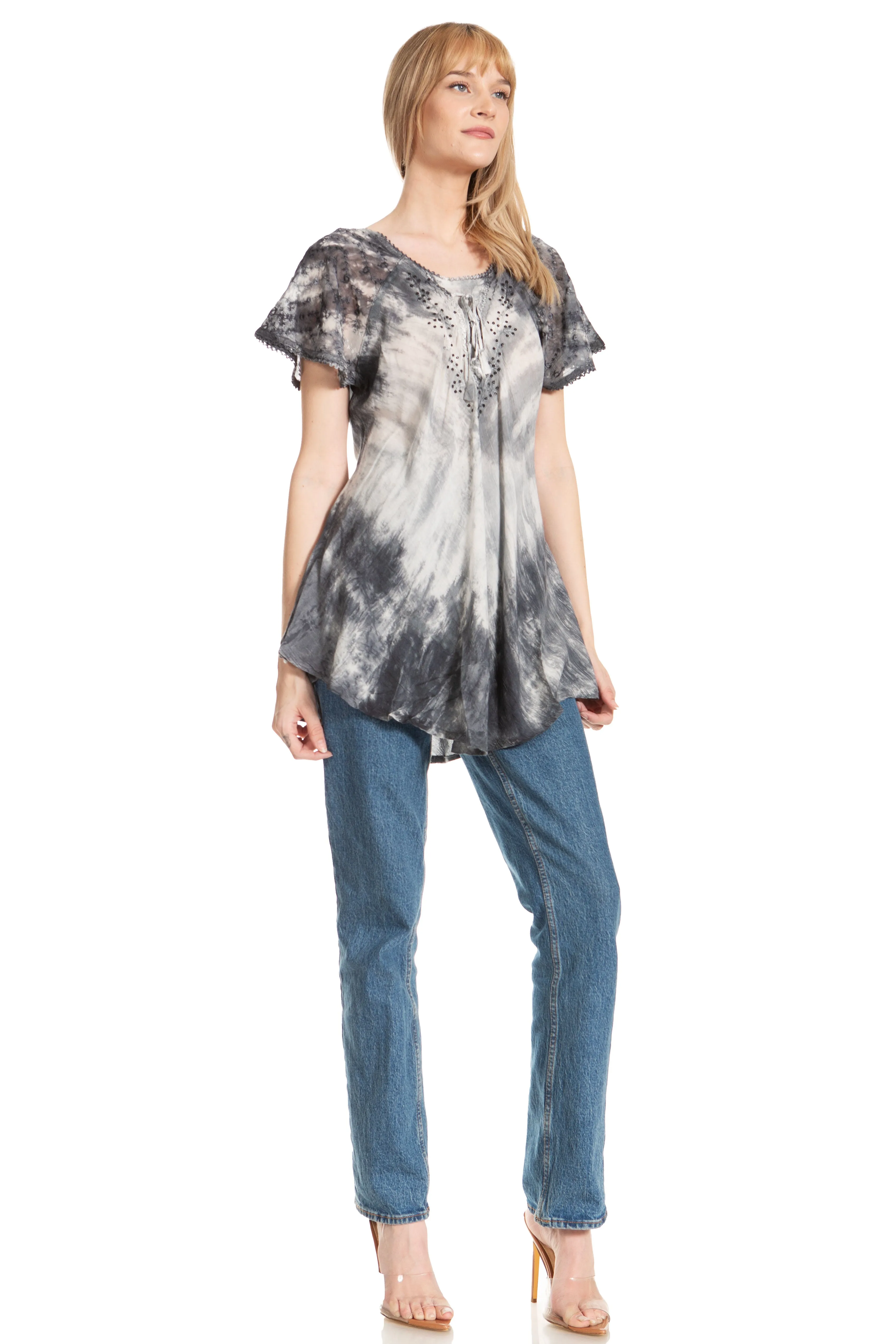 Sakkas Donna Women's Casual Lace Short Sleeve Tie Dye Corset Loose Top Blouse