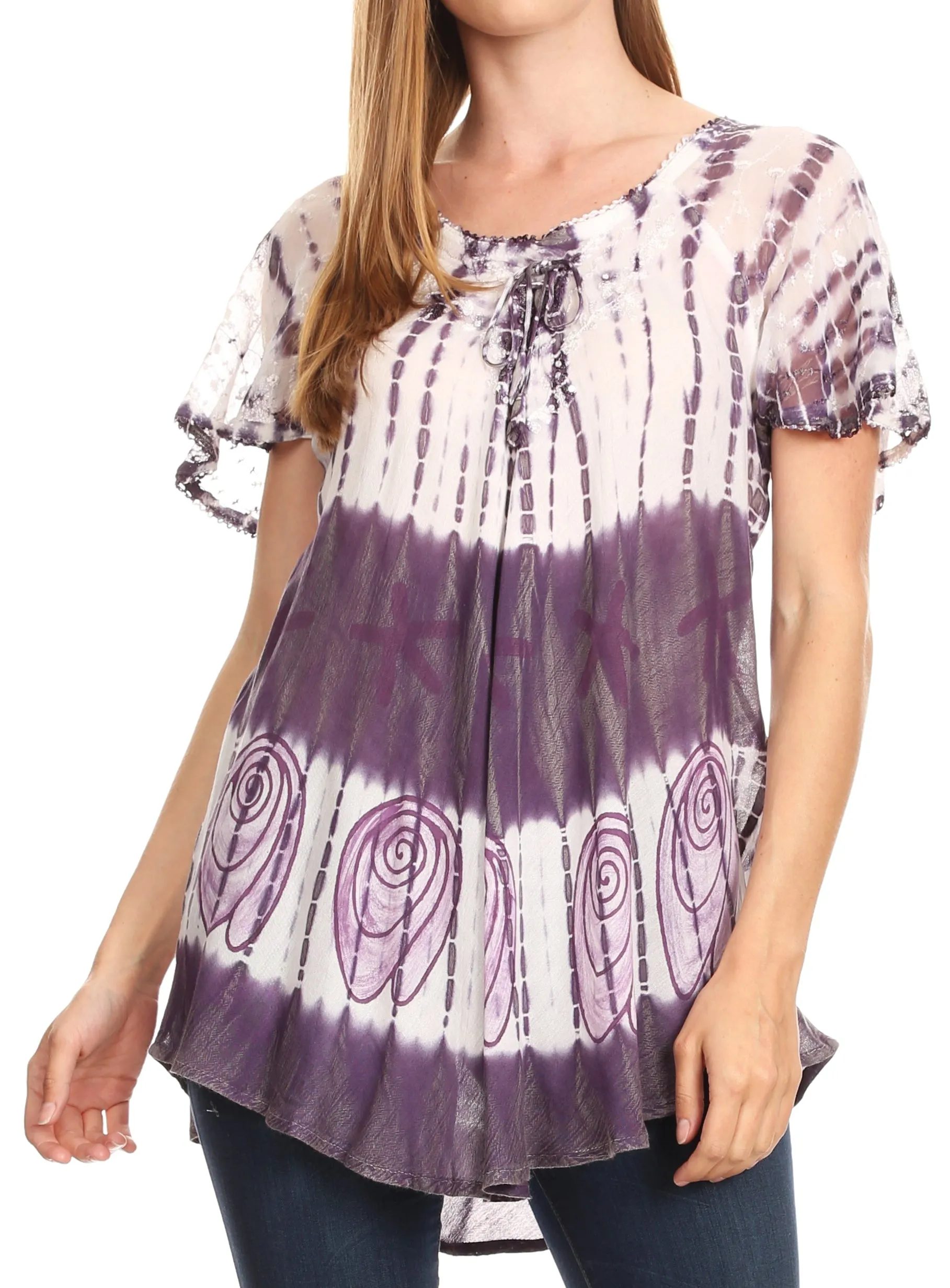 Sakkas Donna Women's Casual Lace Short Sleeve Tie Dye Corset Loose Top Blouse