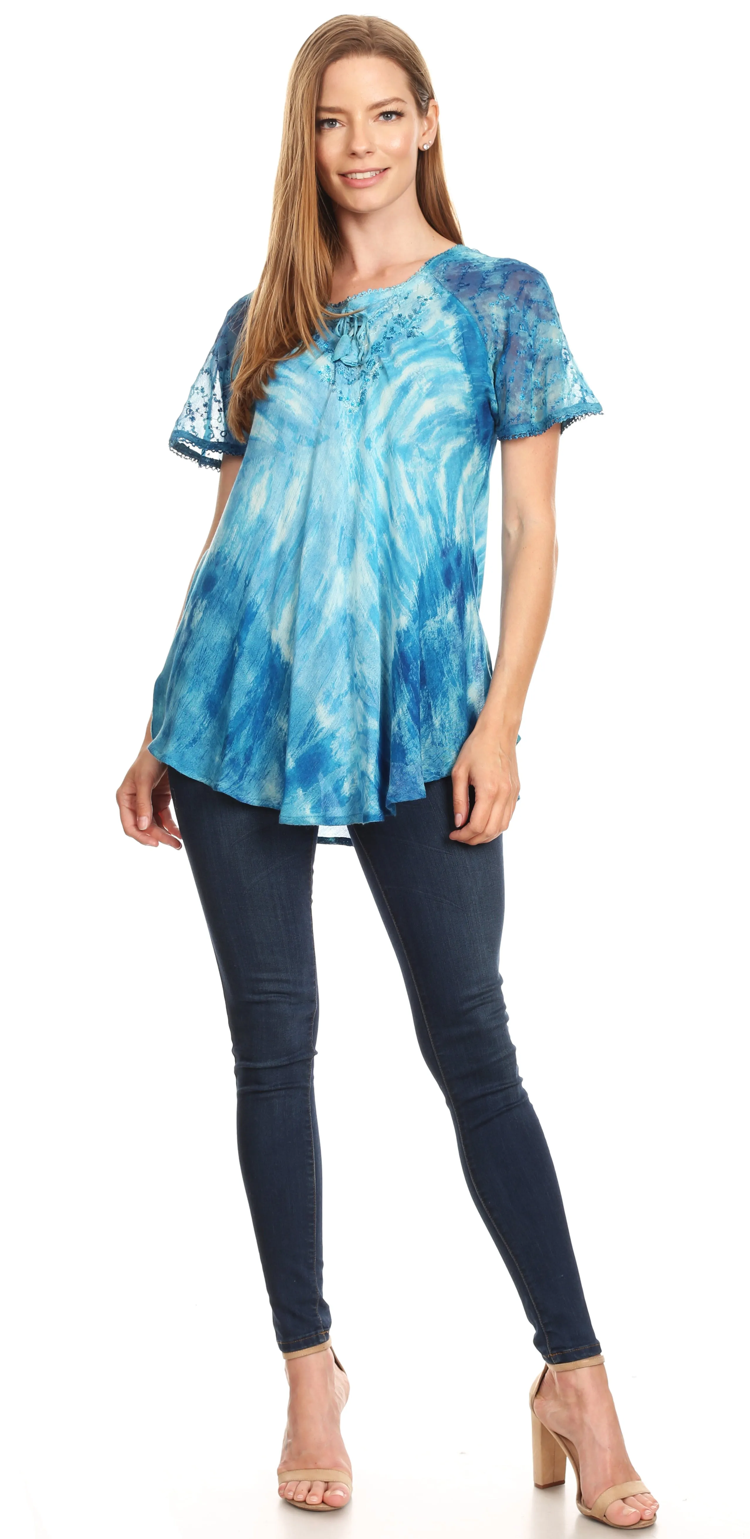 Sakkas Donna Women's Casual Lace Short Sleeve Tie Dye Corset Loose Top Blouse