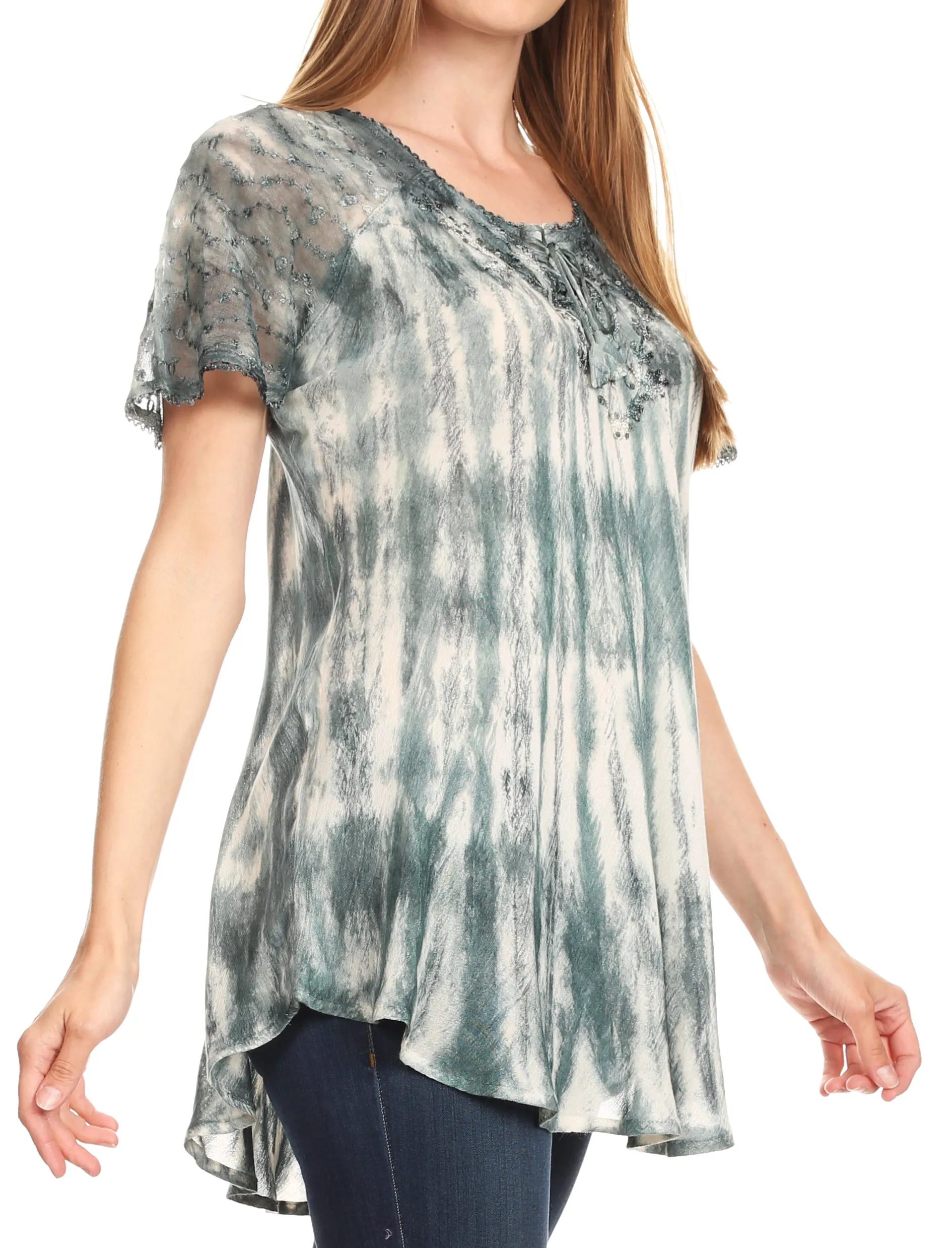 Sakkas Donna Women's Casual Lace Short Sleeve Tie Dye Corset Loose Top Blouse