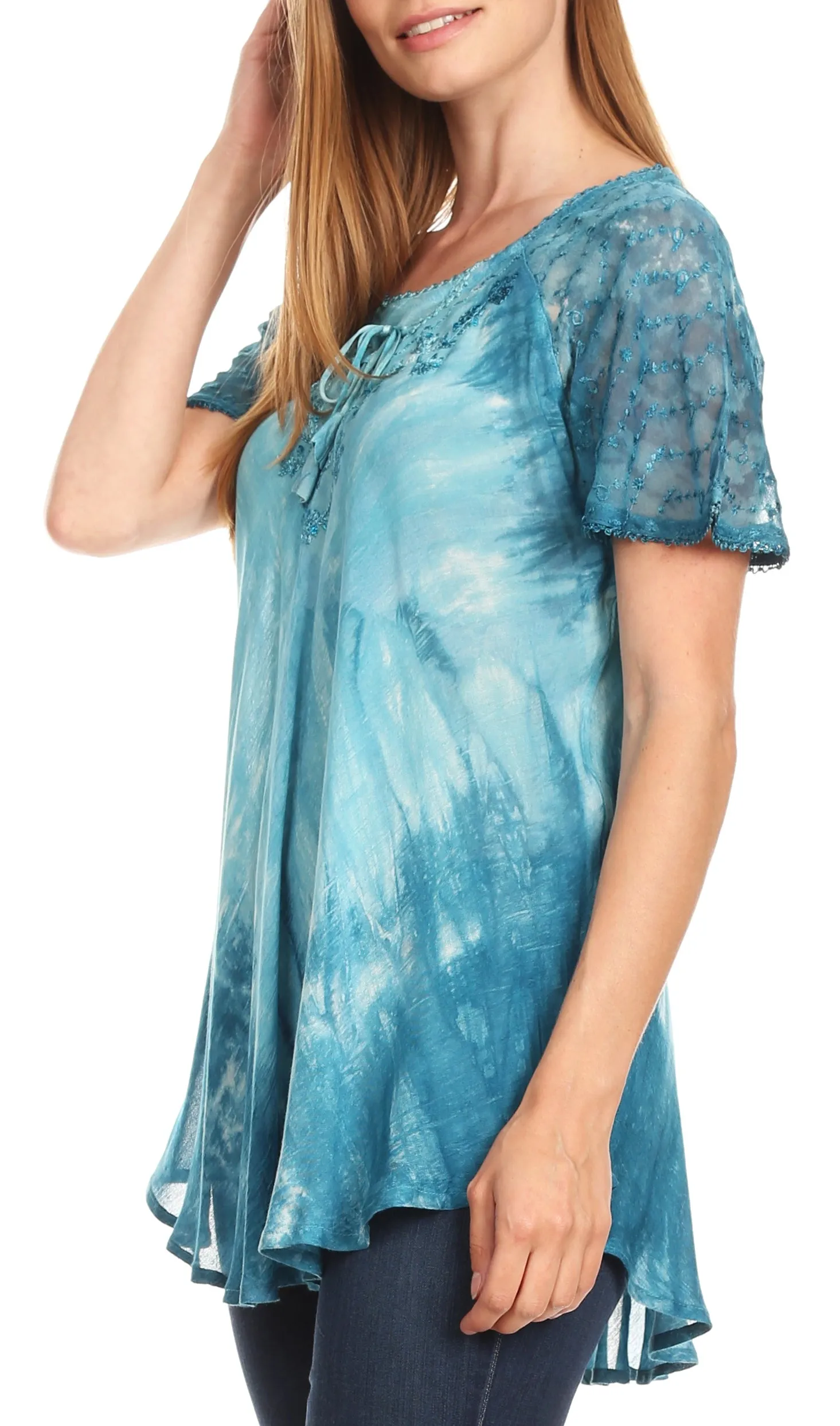 Sakkas Donna Women's Casual Lace Short Sleeve Tie Dye Corset Loose Top Blouse