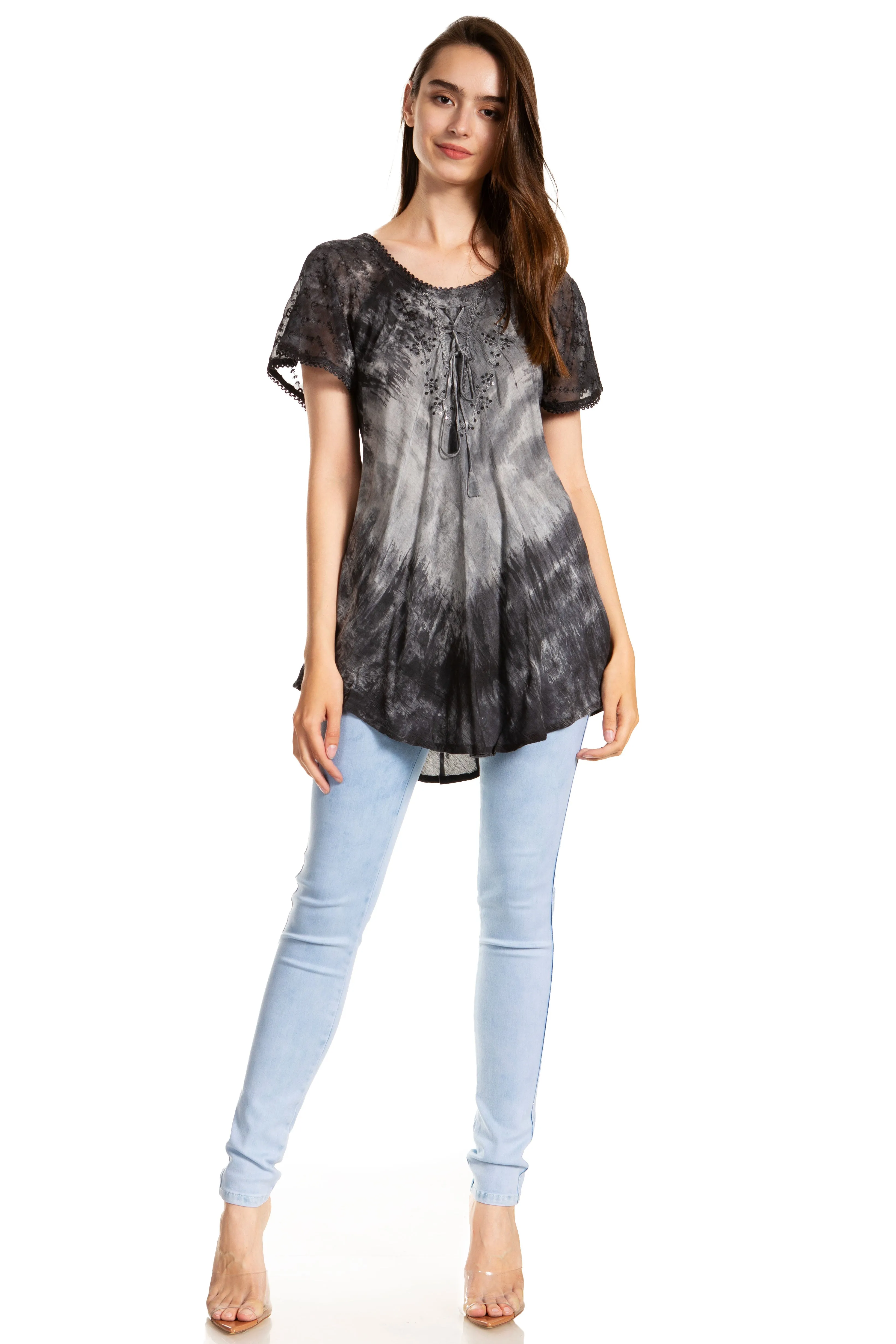 Sakkas Donna Women's Casual Lace Short Sleeve Tie Dye Corset Loose Top Blouse