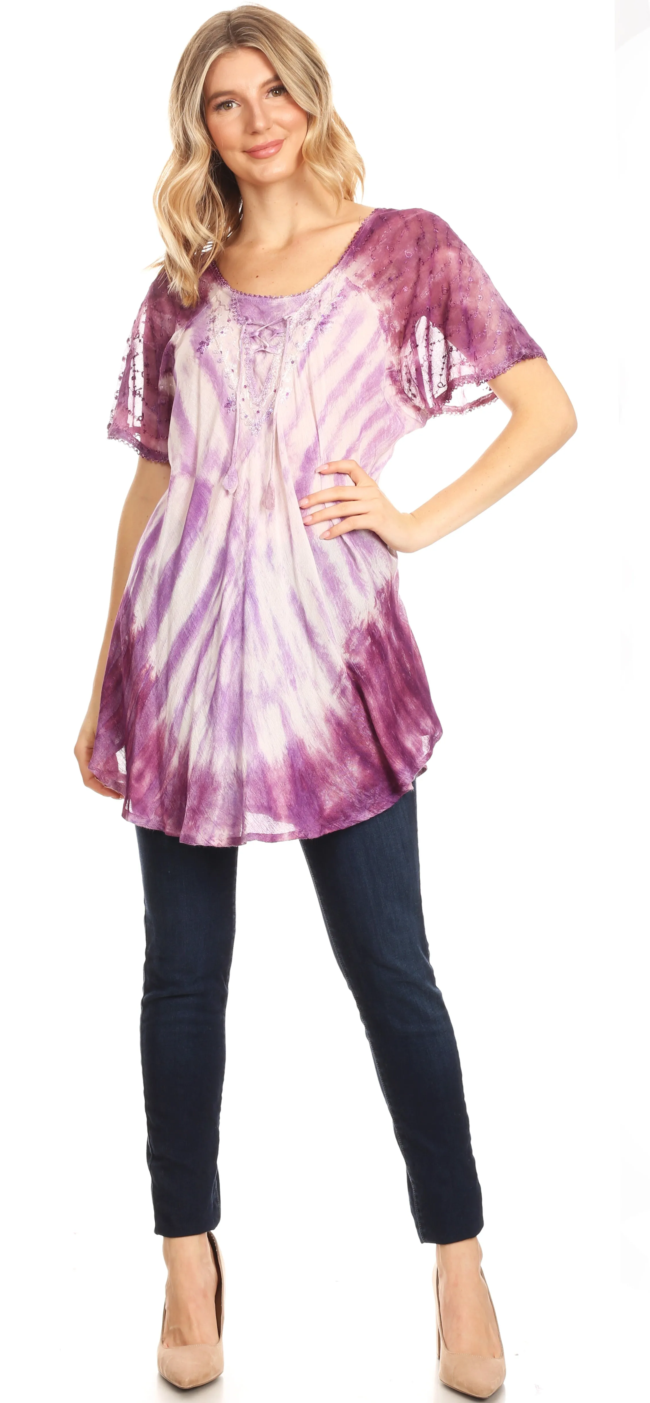 Sakkas Donna Women's Casual Lace Short Sleeve Tie Dye Corset Loose Top Blouse