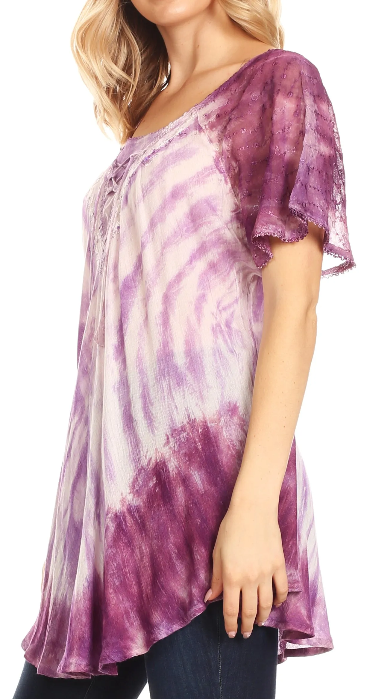 Sakkas Donna Women's Casual Lace Short Sleeve Tie Dye Corset Loose Top Blouse