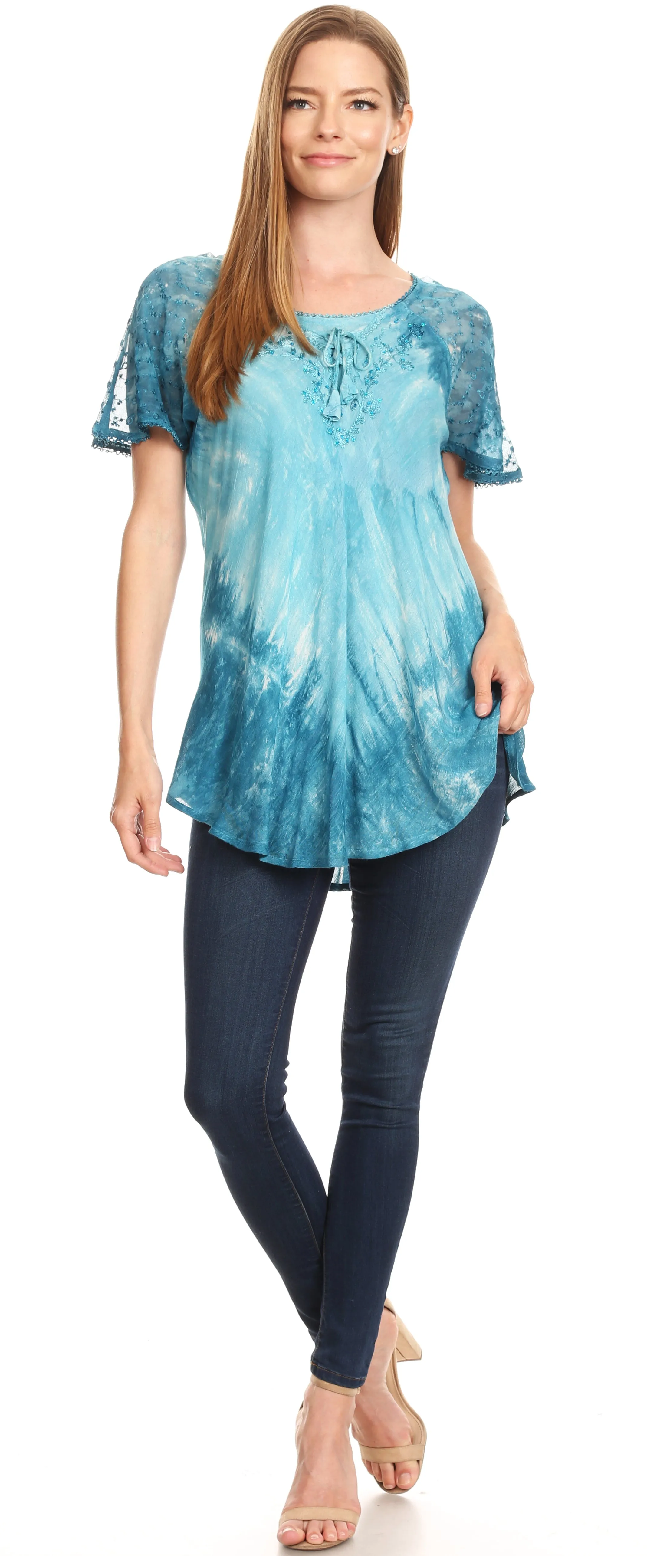 Sakkas Donna Women's Casual Lace Short Sleeve Tie Dye Corset Loose Top Blouse