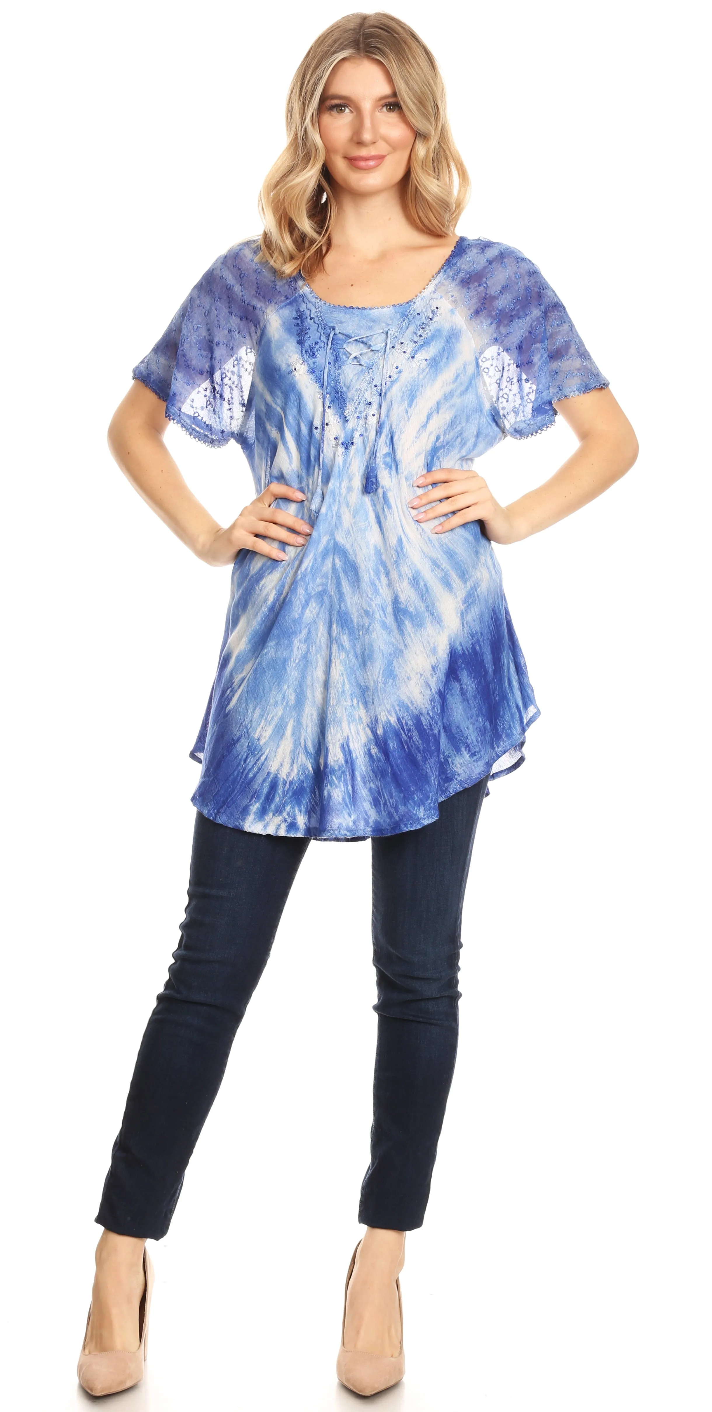 Sakkas Donna Women's Casual Lace Short Sleeve Tie Dye Corset Loose Top Blouse