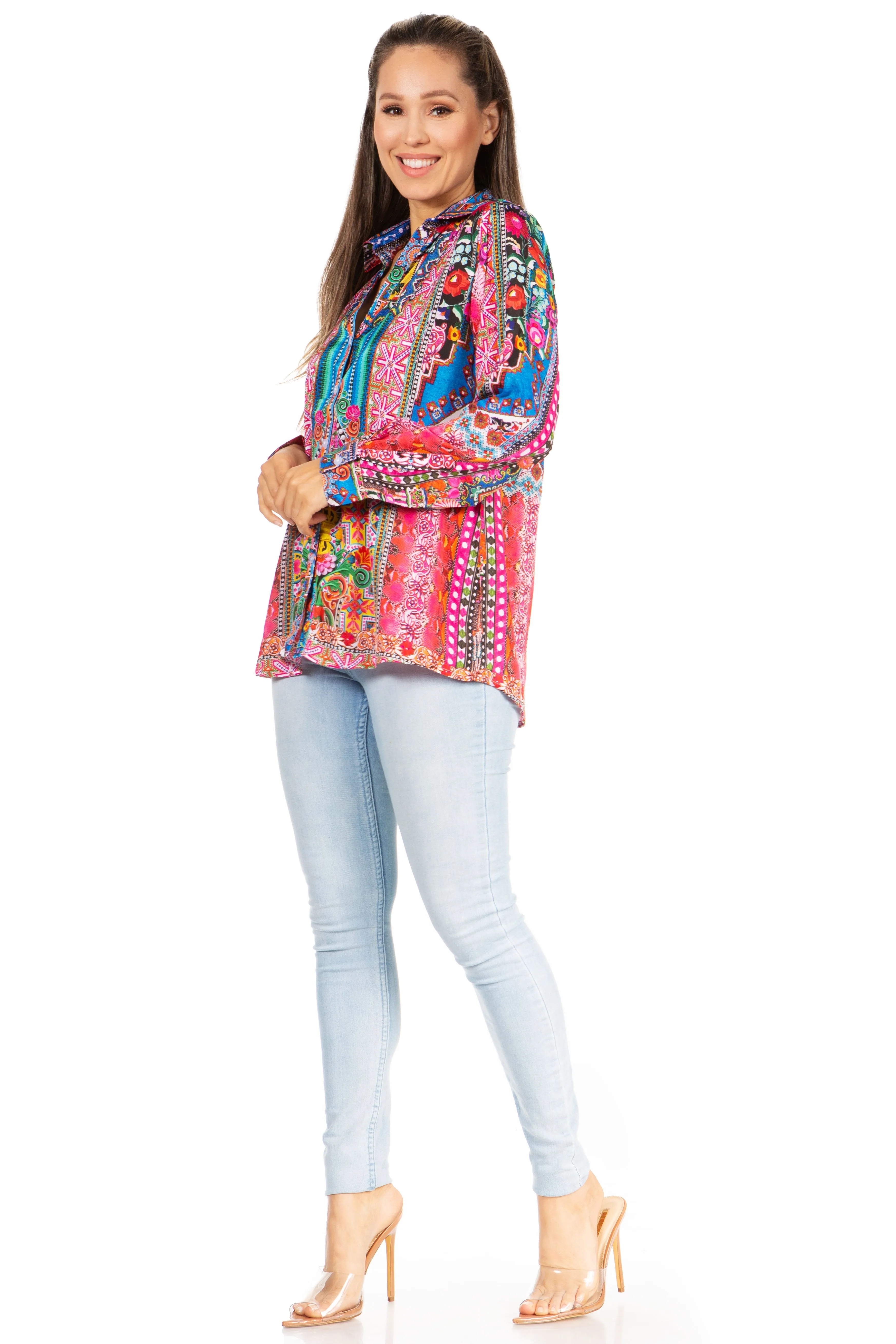 Sakkas Iriss Women's Floral Casual Long Sleeve Boho Summer Blouse