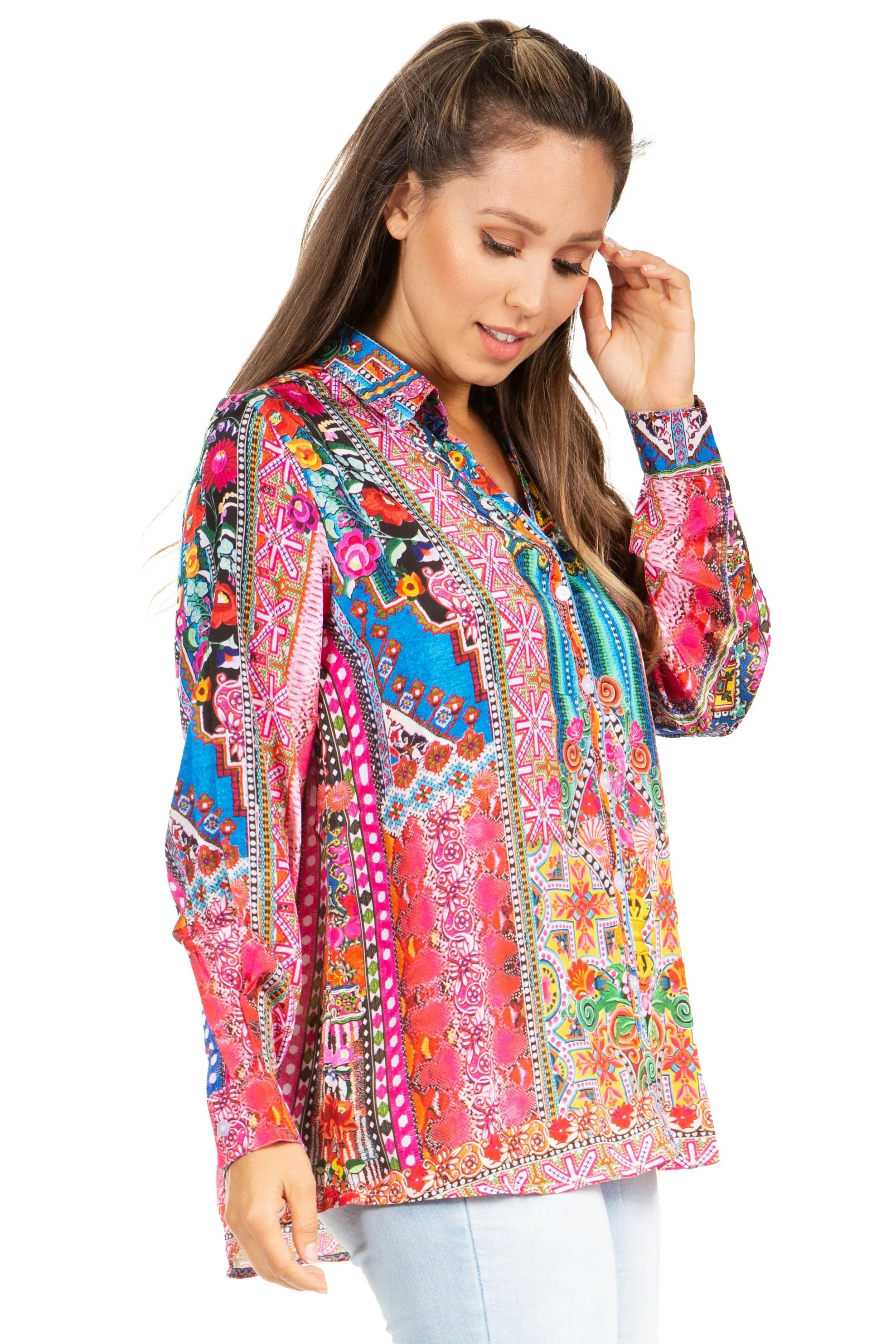 Sakkas Iriss Women's Floral Casual Long Sleeve Boho Summer Blouse