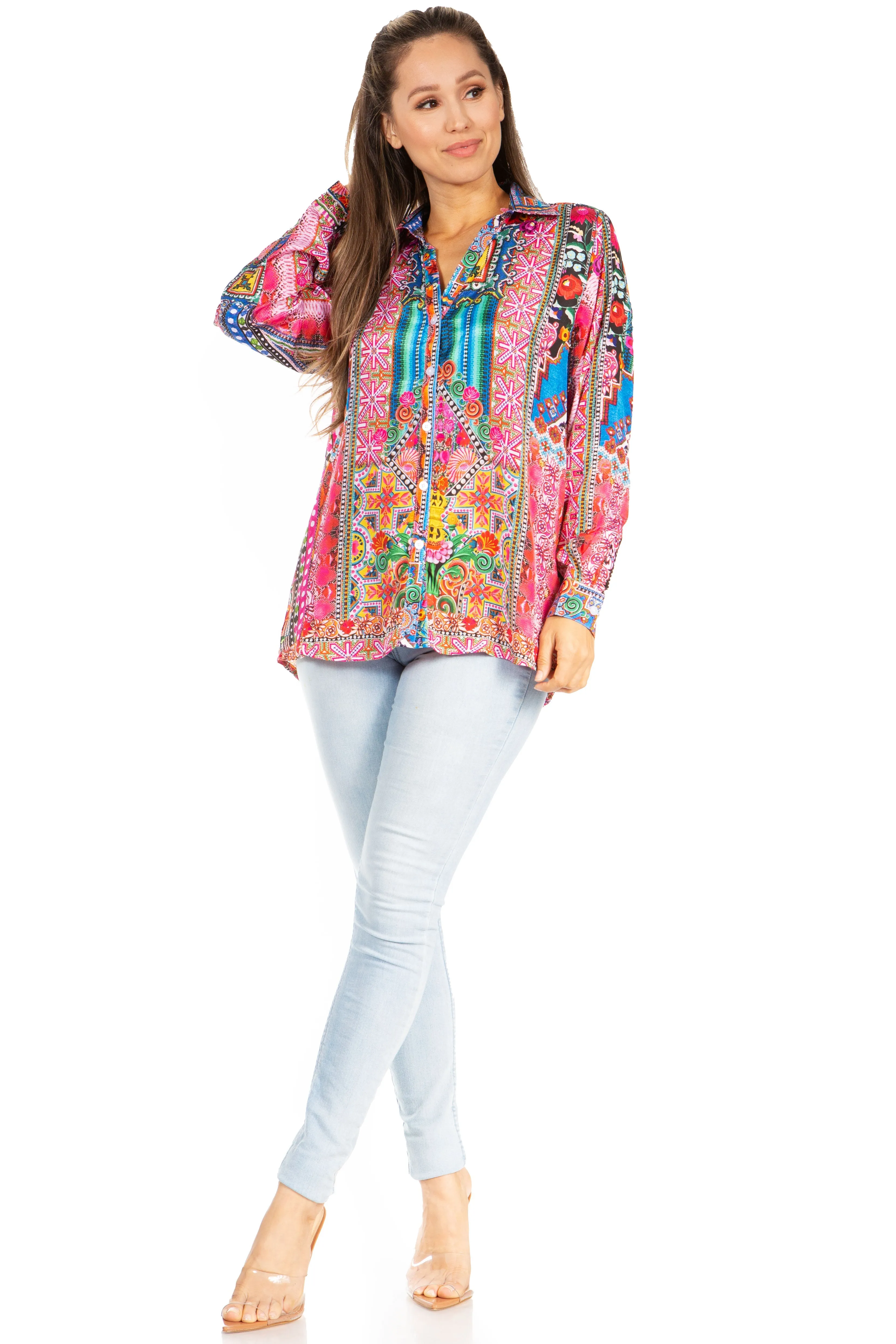 Sakkas Iriss Women's Floral Casual Long Sleeve Boho Summer Blouse