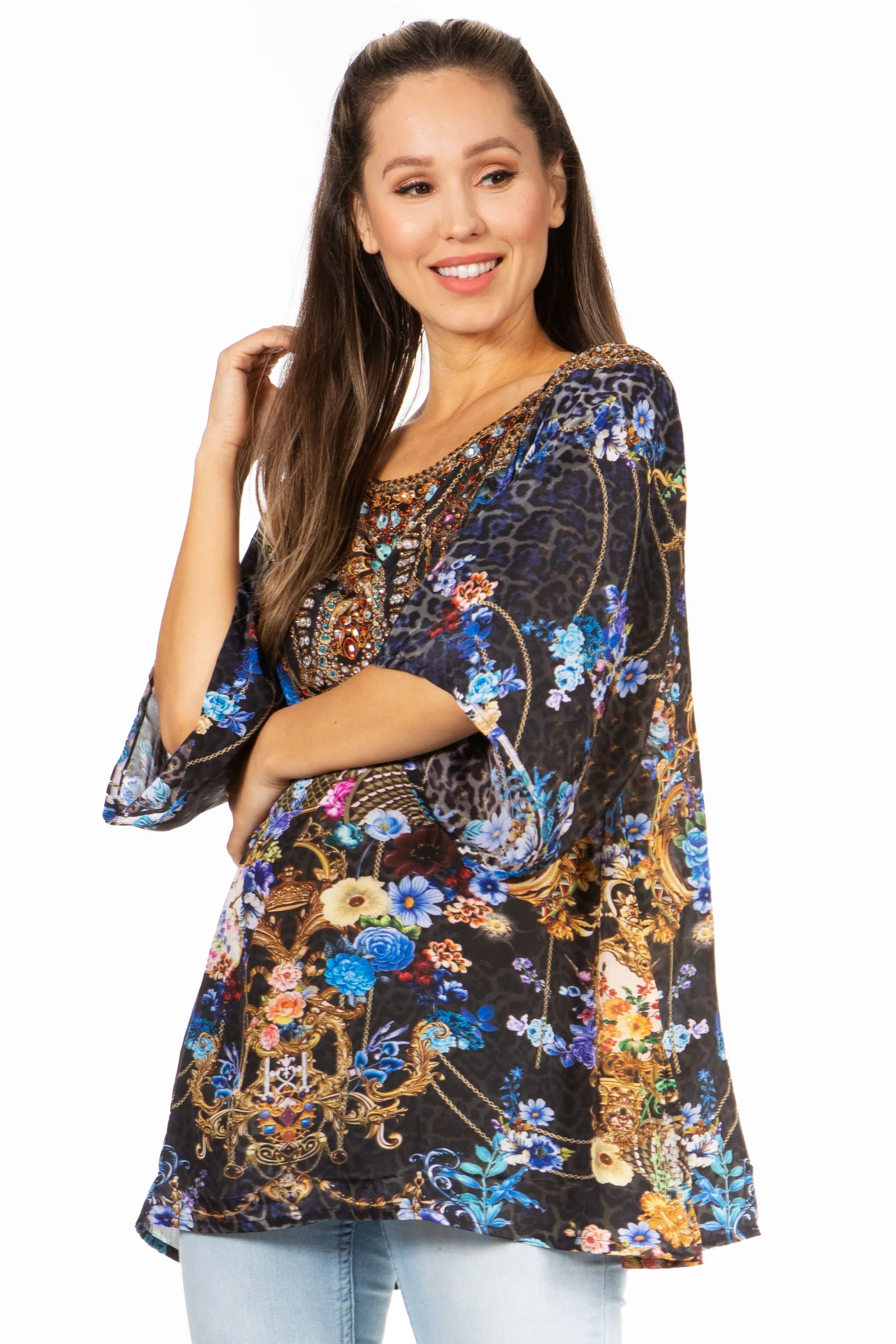 Sakkas Marina Floral Women's Blouse - Short Sleeve Tunic