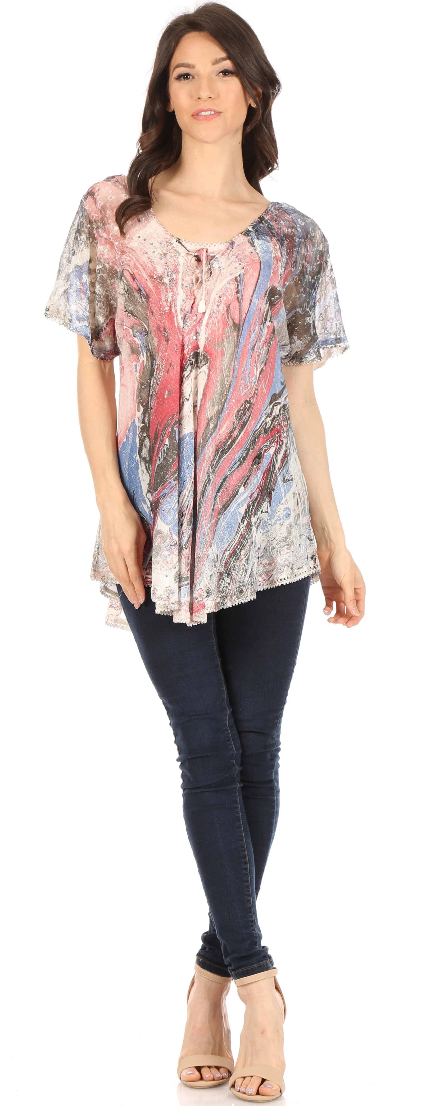 Sakkas Marzia Women's Loose Fit Short Sleeve Casual Tie Dye Batik Blouse Top Tunic