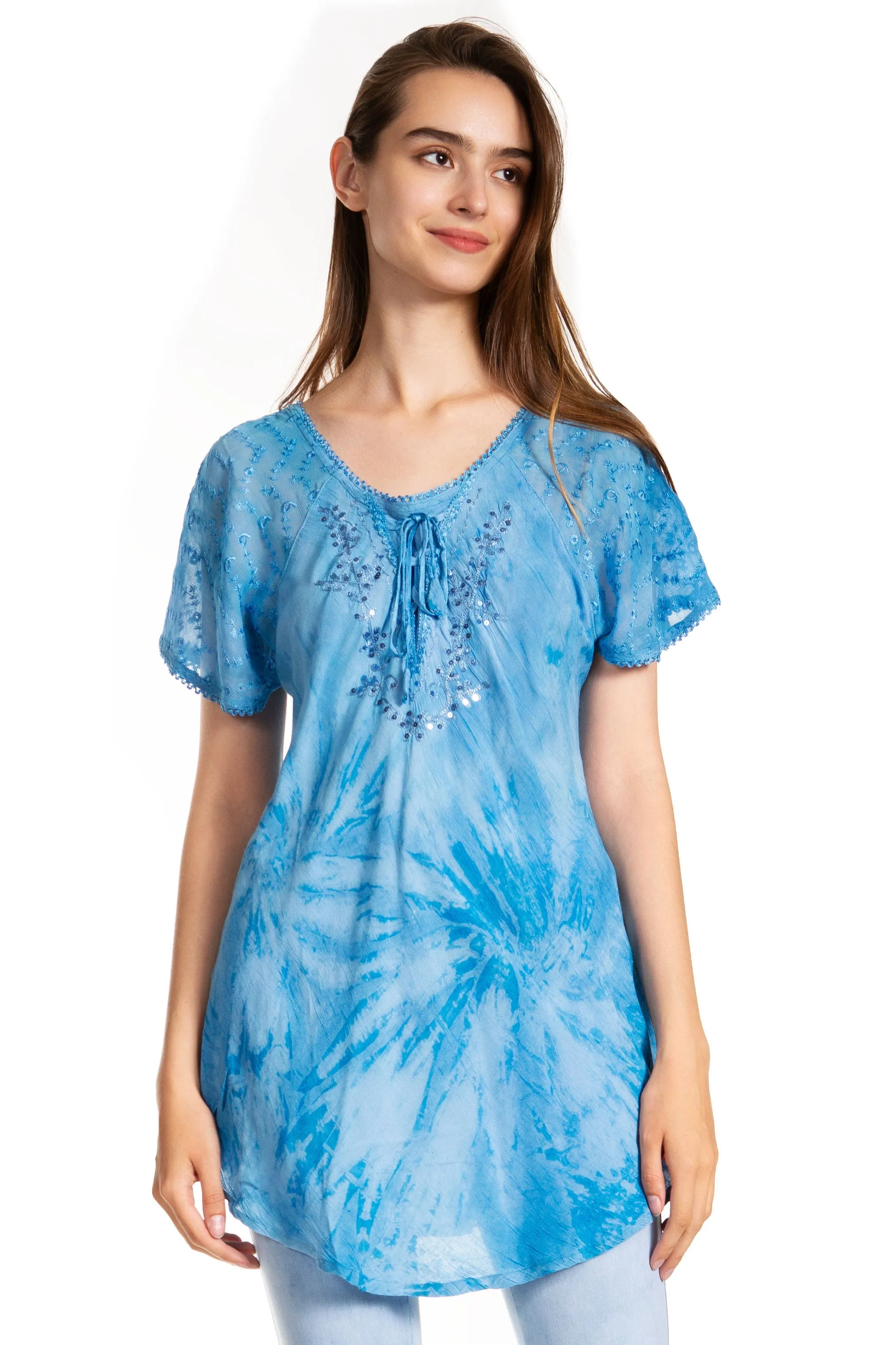 Sakkas Marzia Women's Loose Fit Short Sleeve Casual Tie Dye Batik Blouse Top Tunic