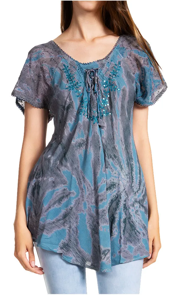 Sakkas Marzia Women's Loose Fit Short Sleeve Casual Tie Dye Batik Blouse Top Tunic