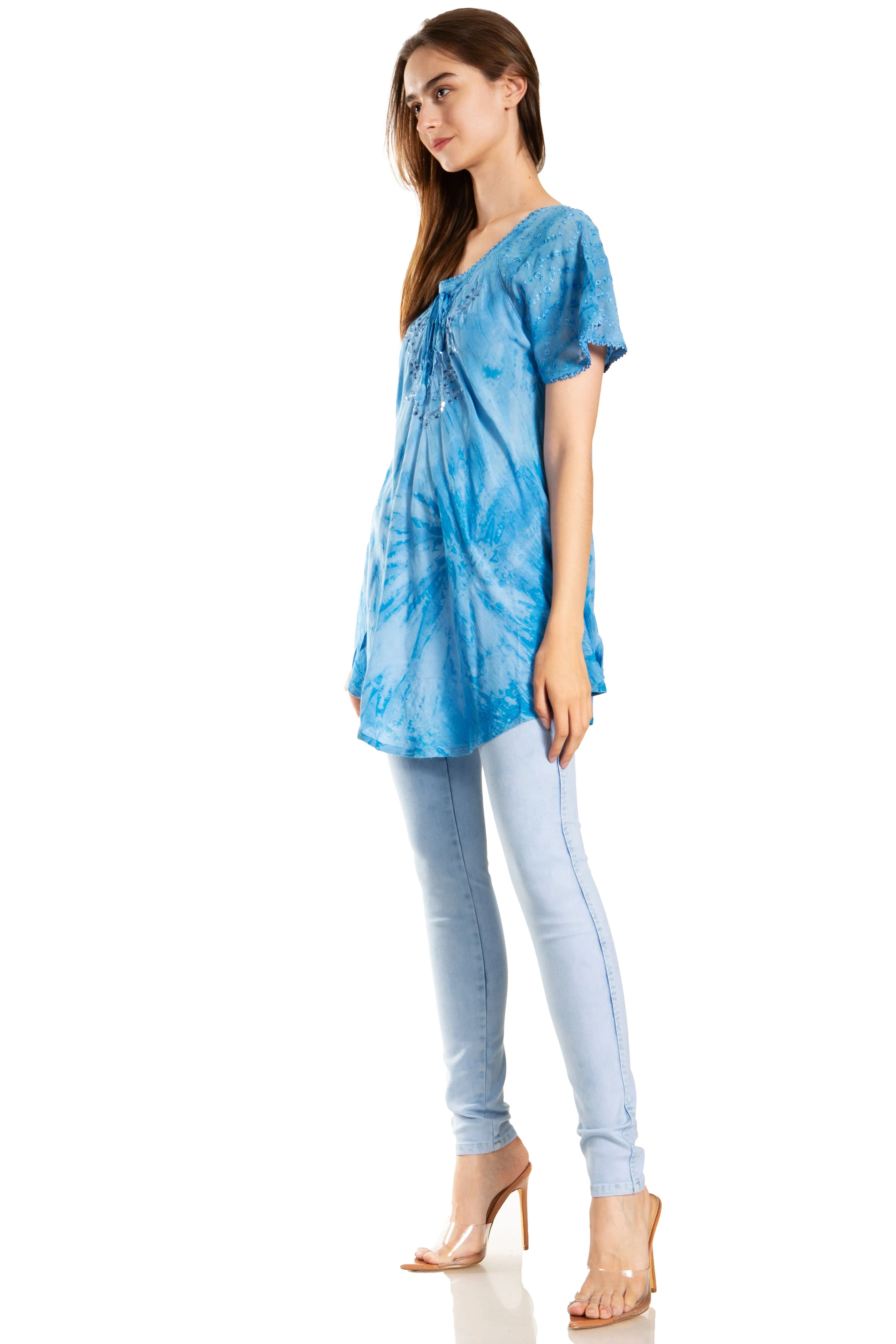 Sakkas Marzia Women's Loose Fit Short Sleeve Casual Tie Dye Batik Blouse Top Tunic