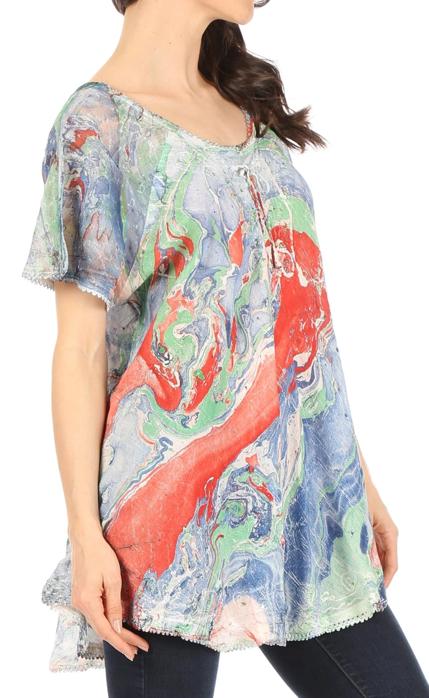 Sakkas Marzia Women's Loose Fit Short Sleeve Casual Tie Dye Batik Blouse Top Tunic