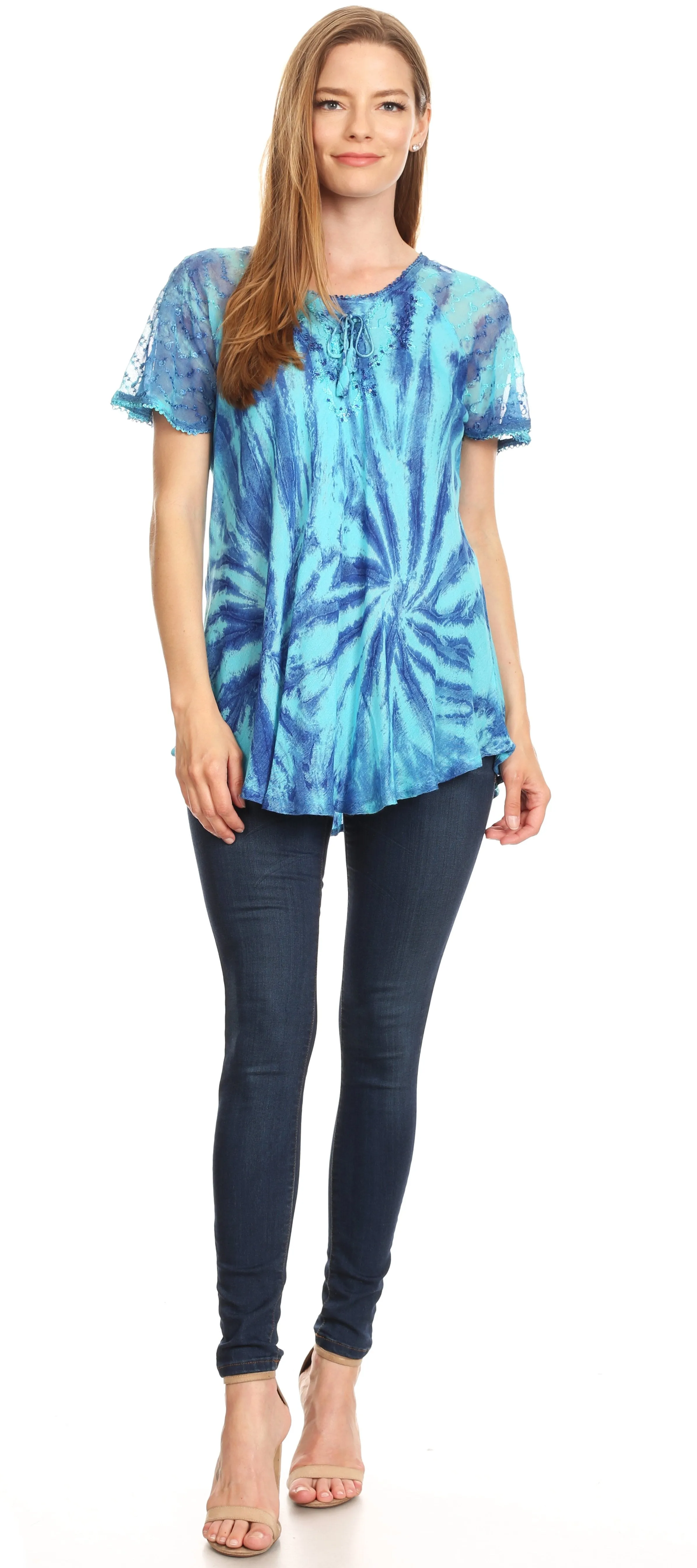 Sakkas Marzia Women's Loose Fit Short Sleeve Casual Tie Dye Batik Blouse Top Tunic