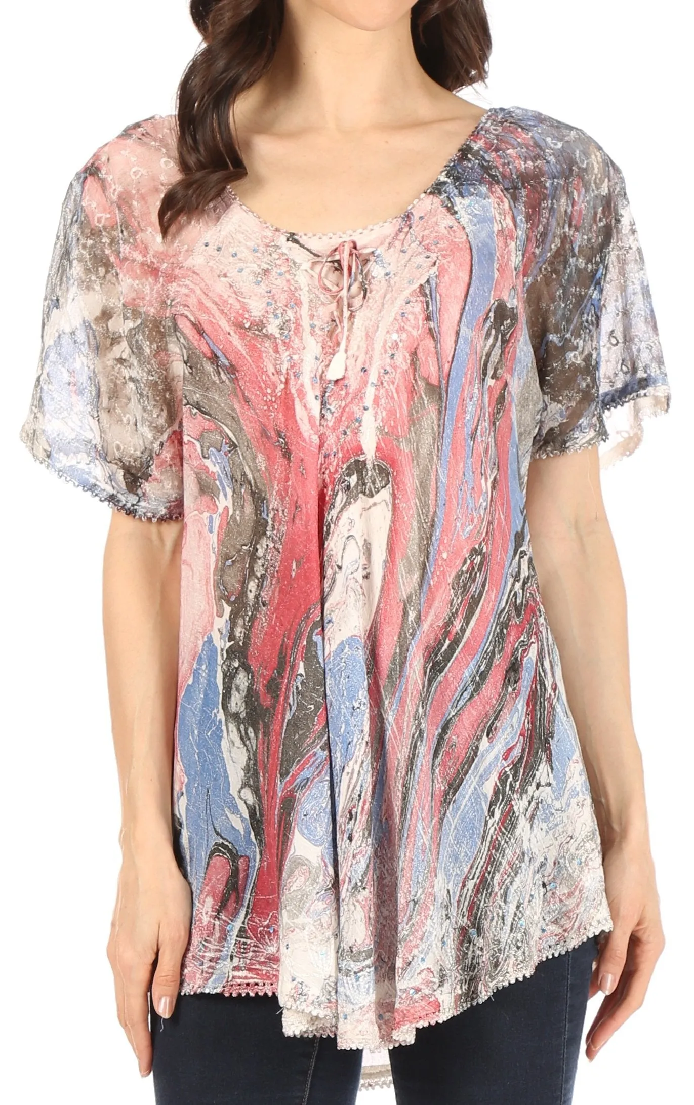 Sakkas Marzia Women's Loose Fit Short Sleeve Casual Tie Dye Batik Blouse Top Tunic