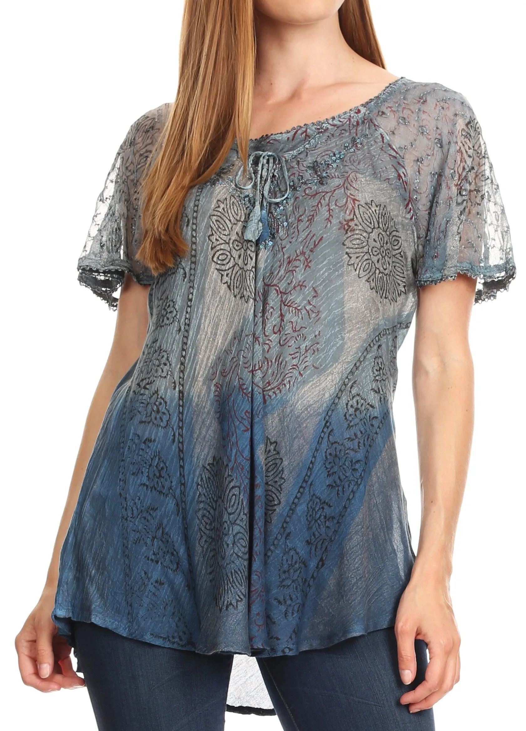 Sakkas Marzia Women's Loose Fit Short Sleeve Casual Tie Dye Batik Blouse Top Tunic