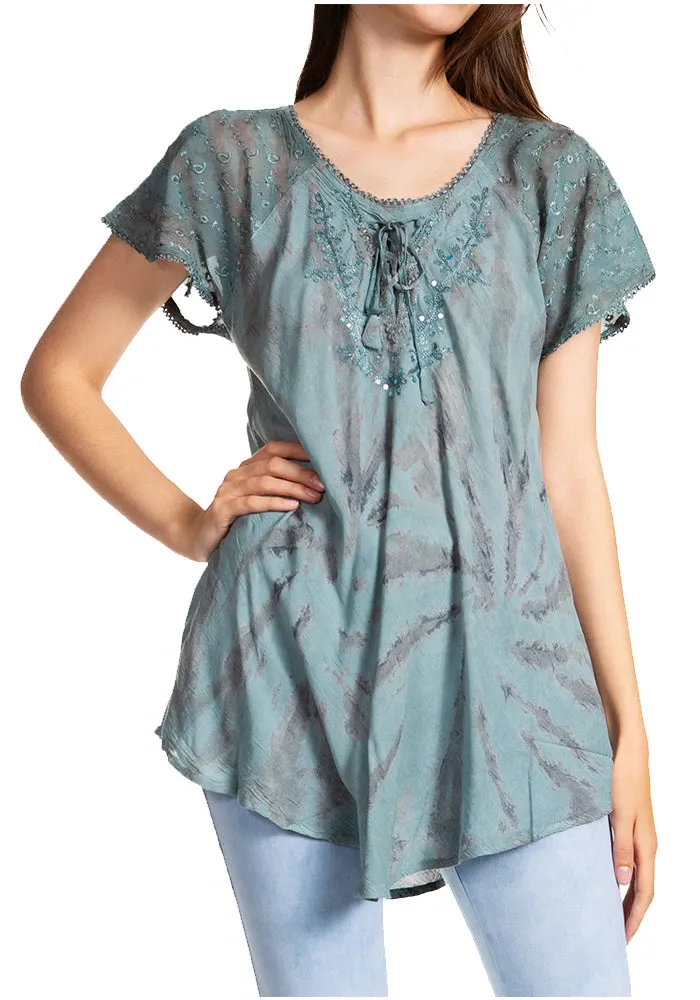 Sakkas Marzia Women's Loose Fit Short Sleeve Casual Tie Dye Batik Blouse Top Tunic