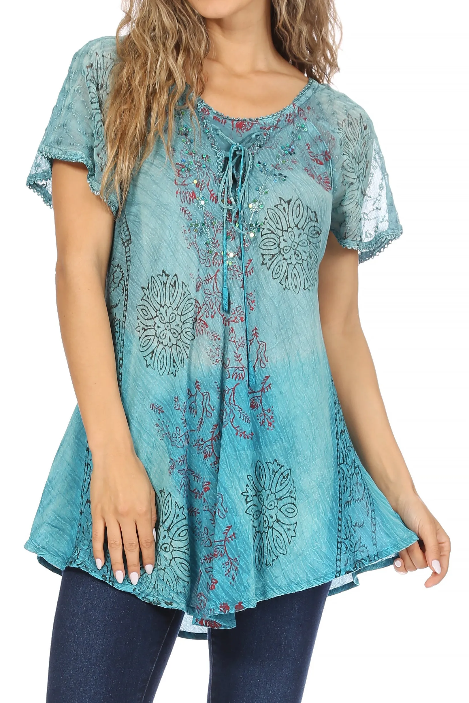 Sakkas Marzia Women's Loose Fit Short Sleeve Casual Tie Dye Batik Blouse Top Tunic