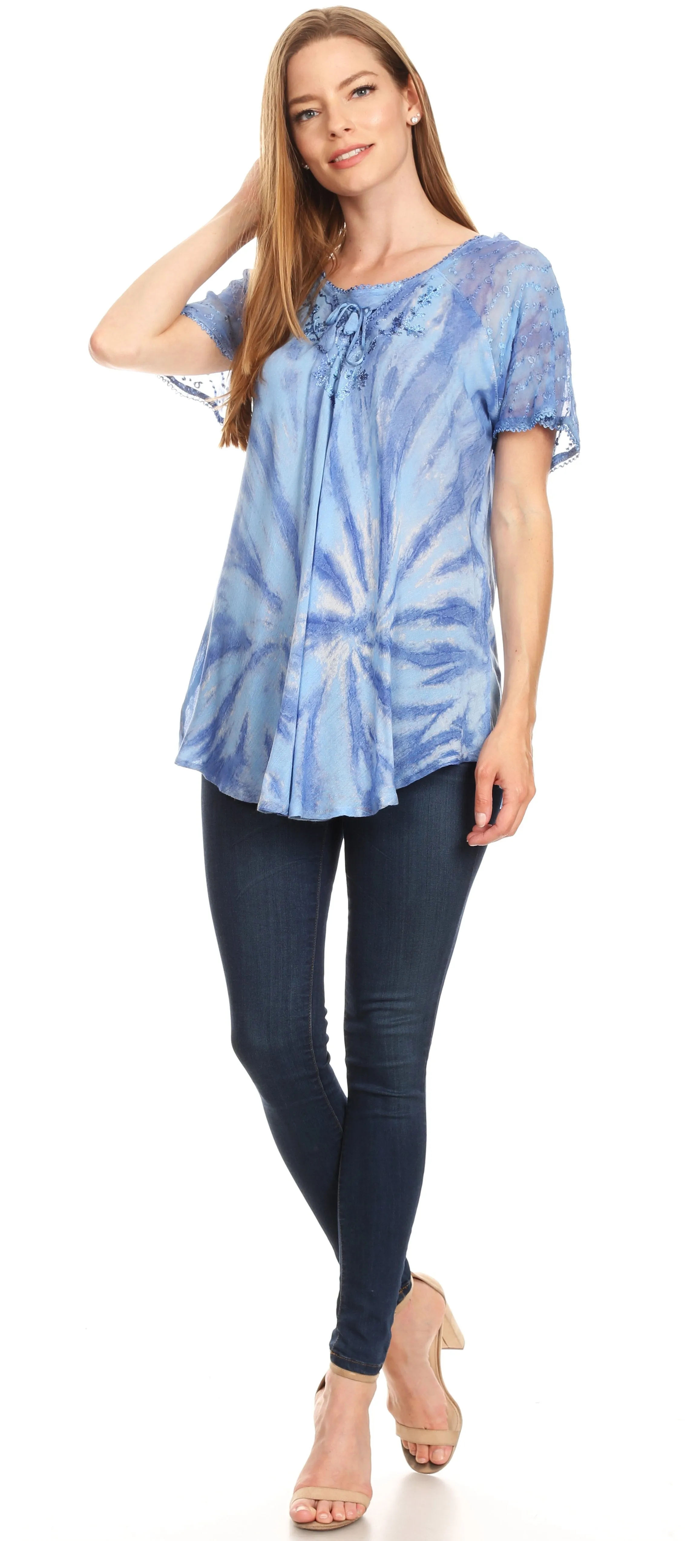 Sakkas Marzia Women's Loose Fit Short Sleeve Casual Tie Dye Batik Blouse Top Tunic