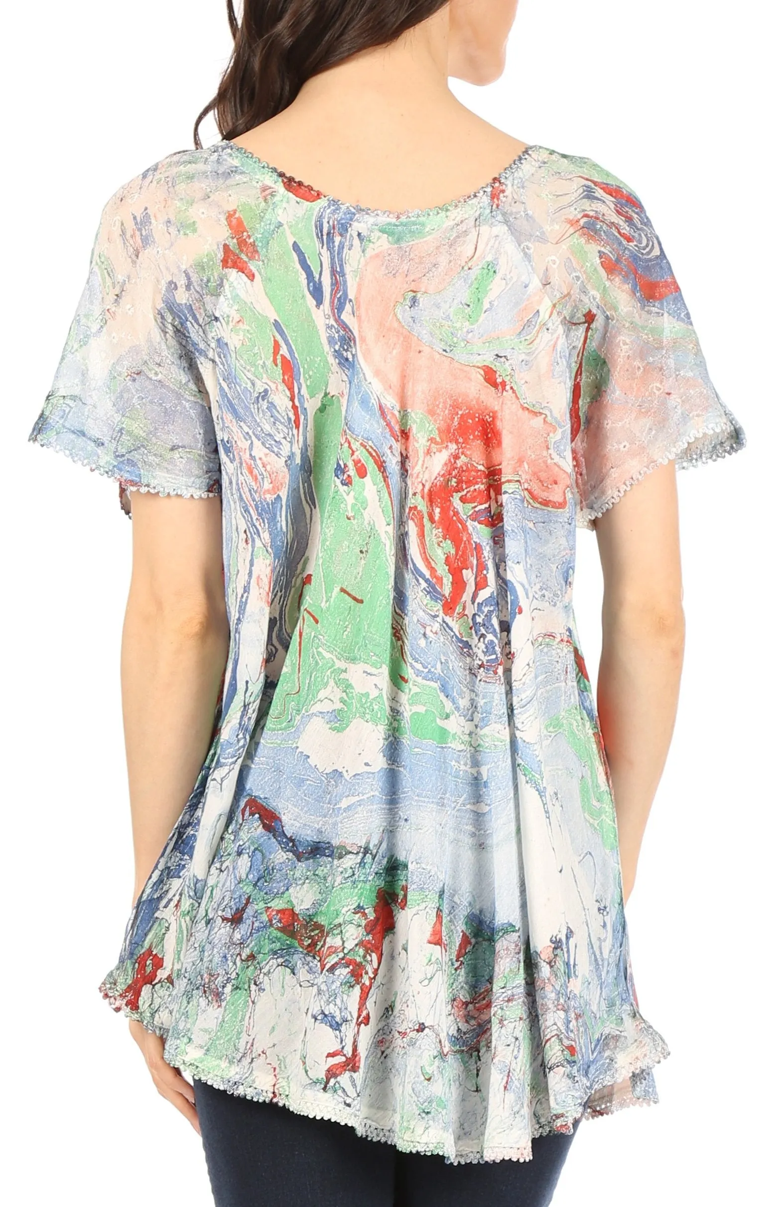 Sakkas Marzia Women's Loose Fit Short Sleeve Casual Tie Dye Batik Blouse Top Tunic