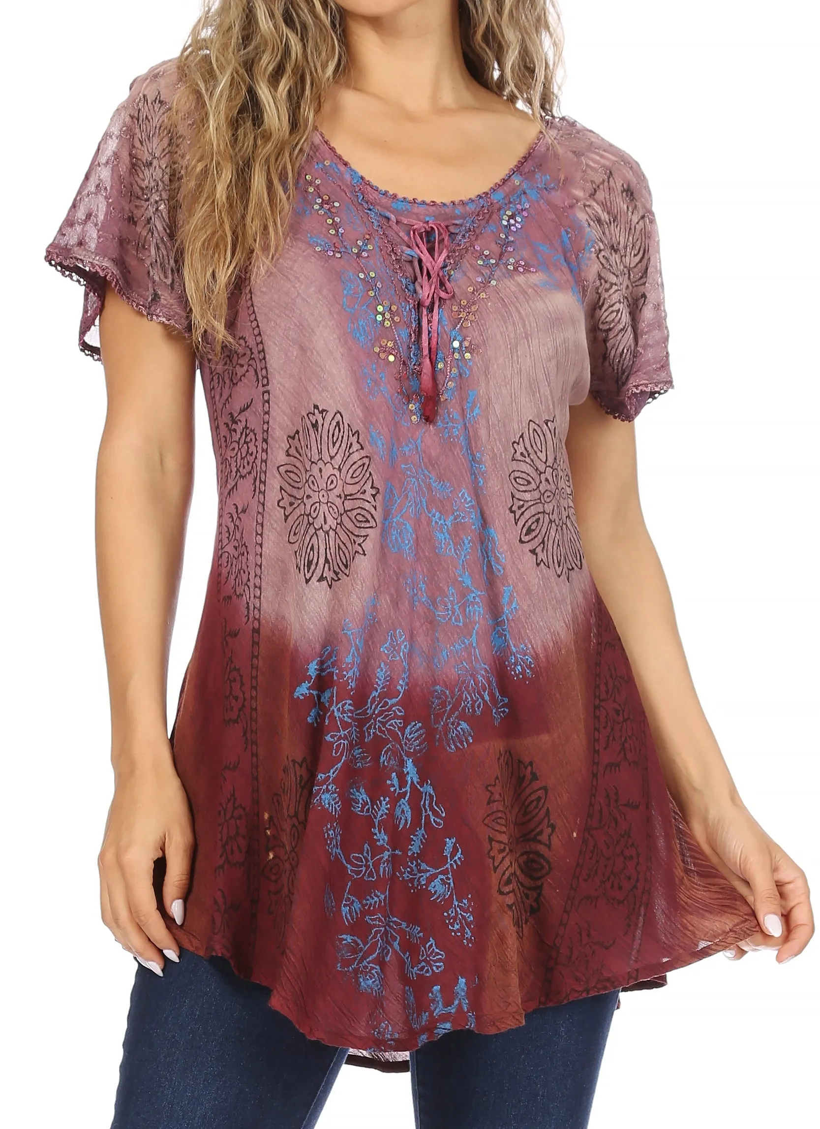 Sakkas Marzia Women's Loose Fit Short Sleeve Casual Tie Dye Batik Blouse Top Tunic