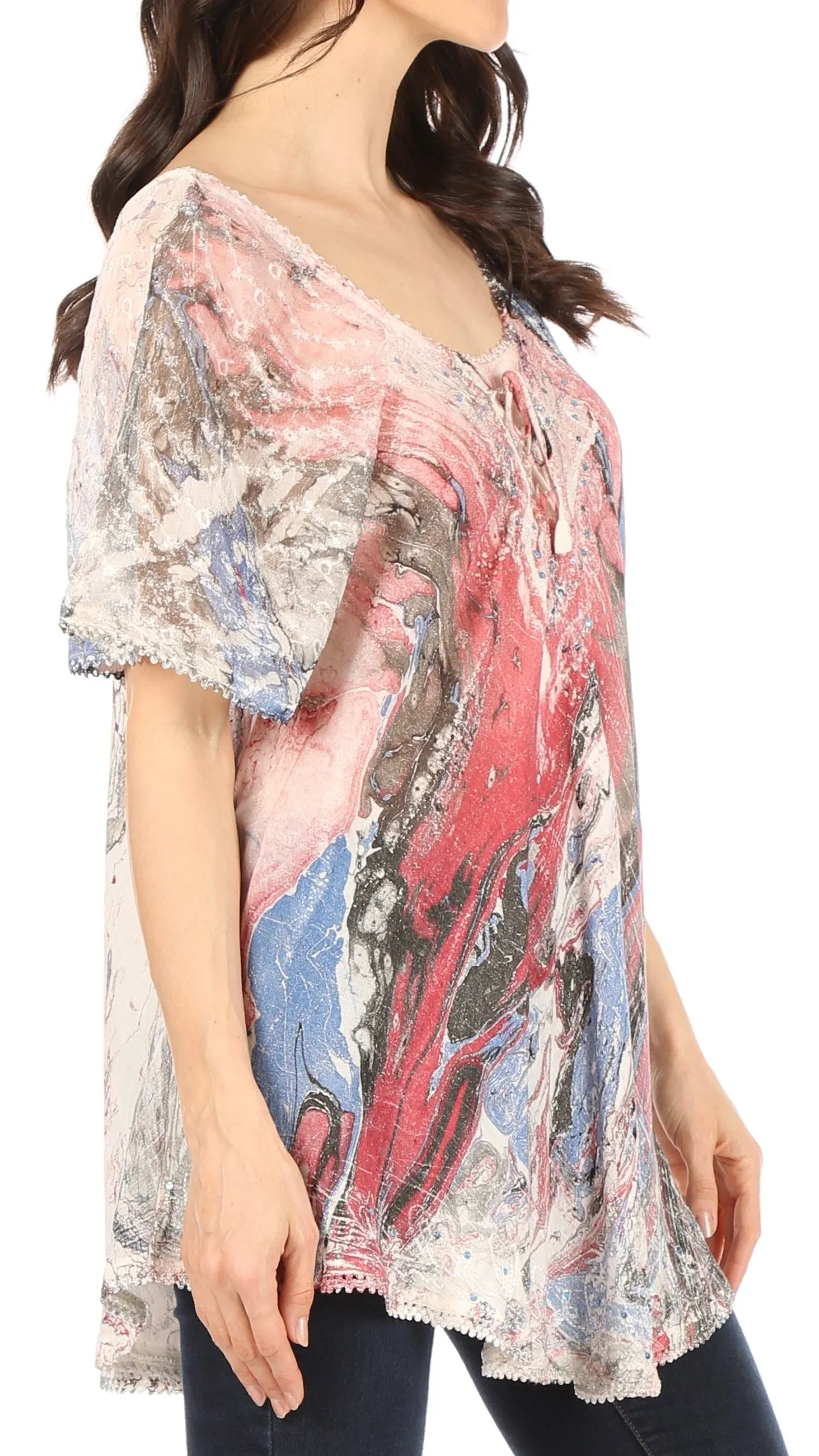 Sakkas Marzia Women's Loose Fit Short Sleeve Casual Tie Dye Batik Blouse Top Tunic