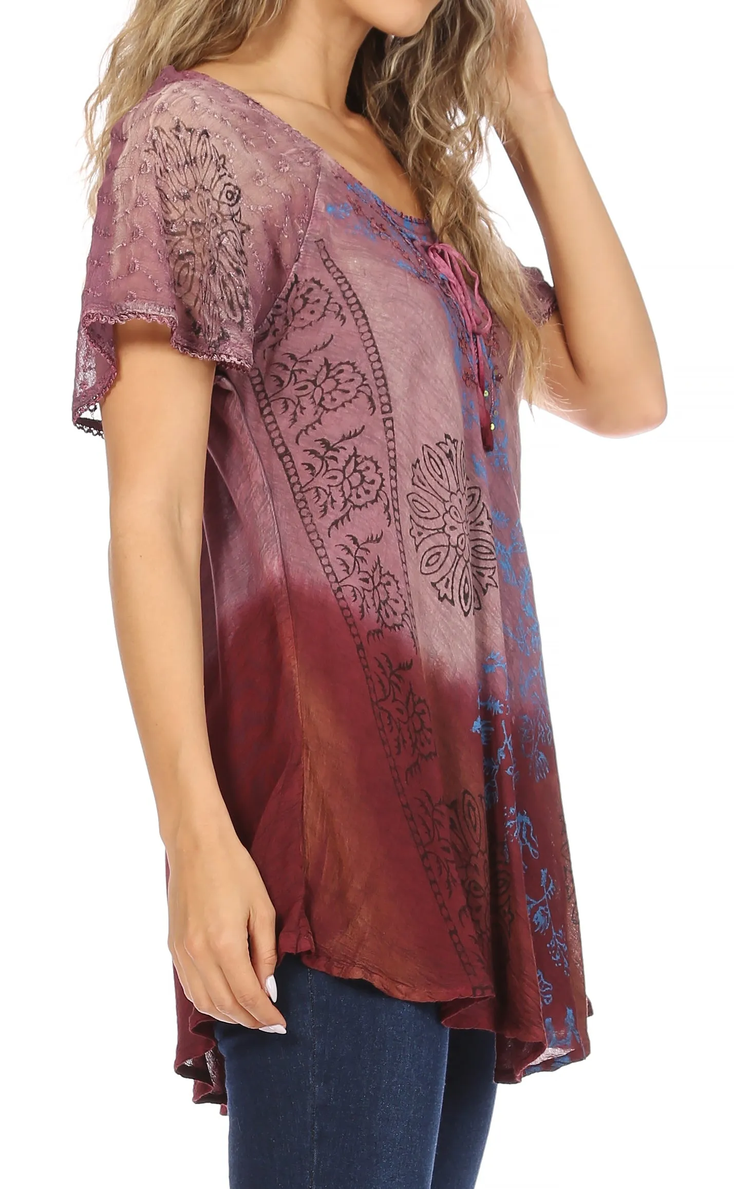 Sakkas Marzia Women's Loose Fit Short Sleeve Casual Tie Dye Batik Blouse Top Tunic