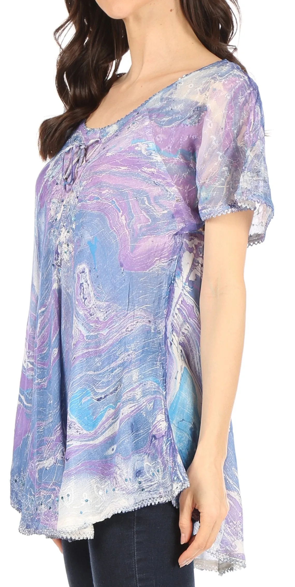 Sakkas Marzia Women's Loose Fit Short Sleeve Casual Tie Dye Batik Blouse Top Tunic