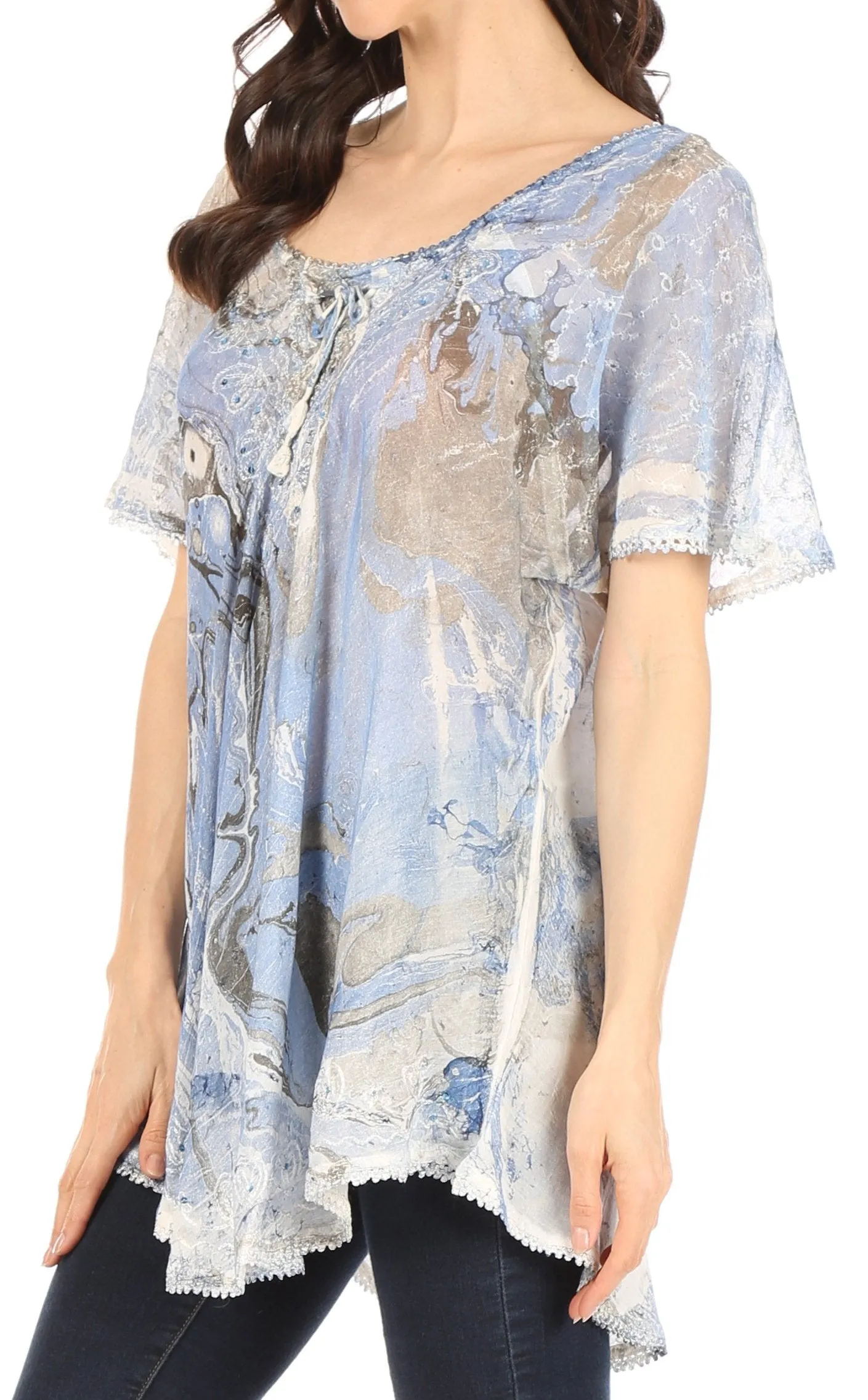 Sakkas Marzia Women's Loose Fit Short Sleeve Casual Tie Dye Batik Blouse Top Tunic