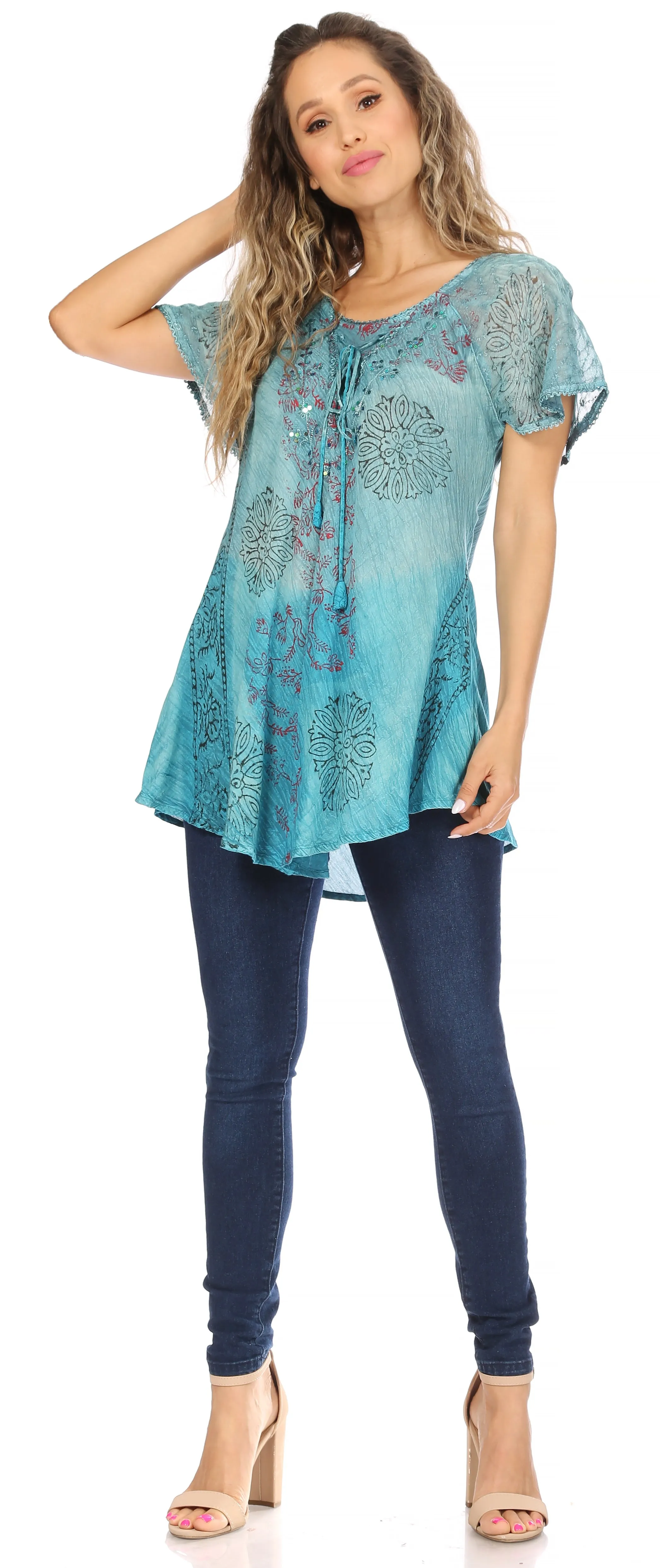 Sakkas Marzia Women's Loose Fit Short Sleeve Casual Tie Dye Batik Blouse Top Tunic