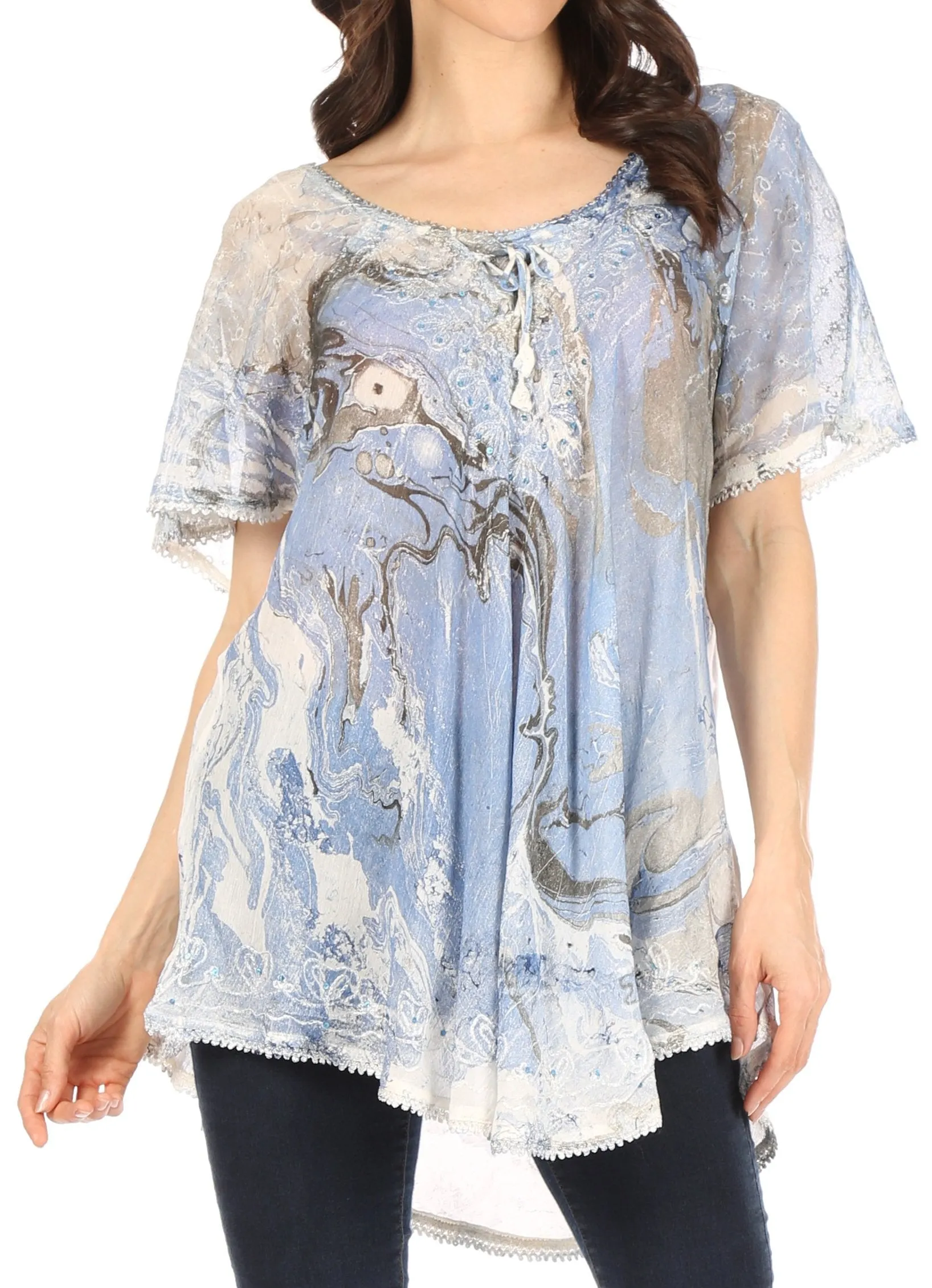 Sakkas Marzia Women's Loose Fit Short Sleeve Casual Tie Dye Batik Blouse Top Tunic