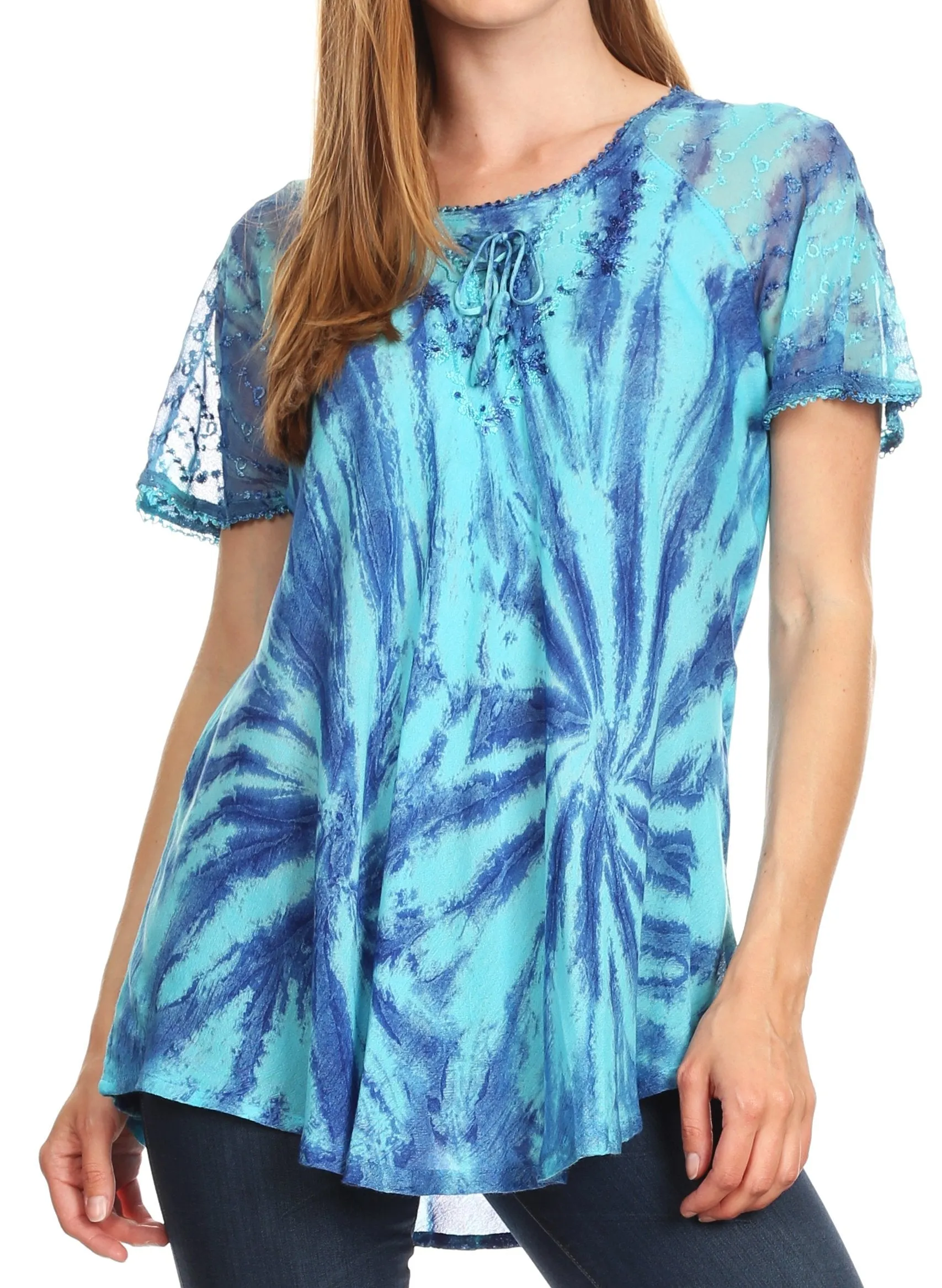 Sakkas Marzia Women's Loose Fit Short Sleeve Casual Tie Dye Batik Blouse Top Tunic