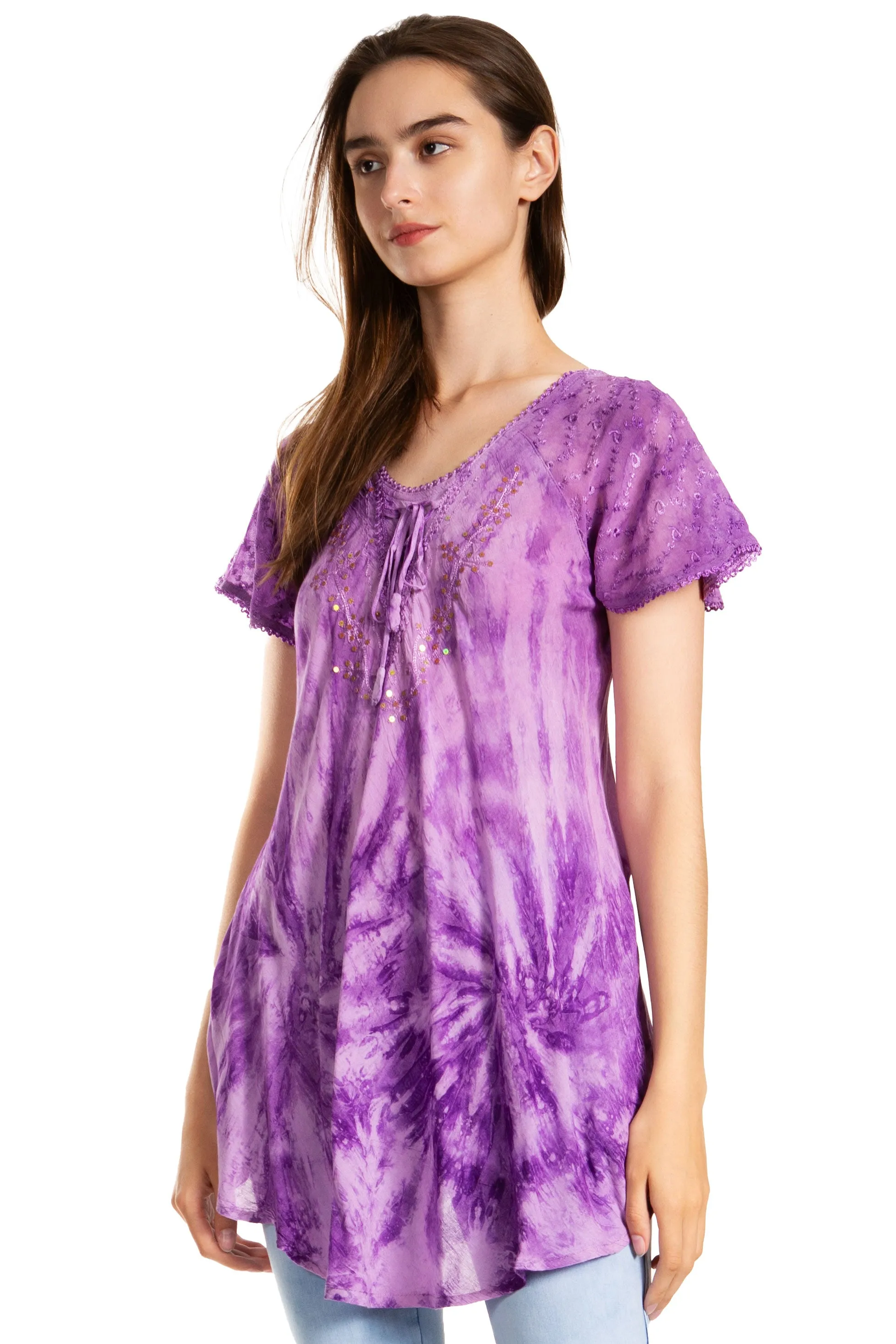 Sakkas Marzia Women's Loose Fit Short Sleeve Casual Tie Dye Batik Blouse Top Tunic