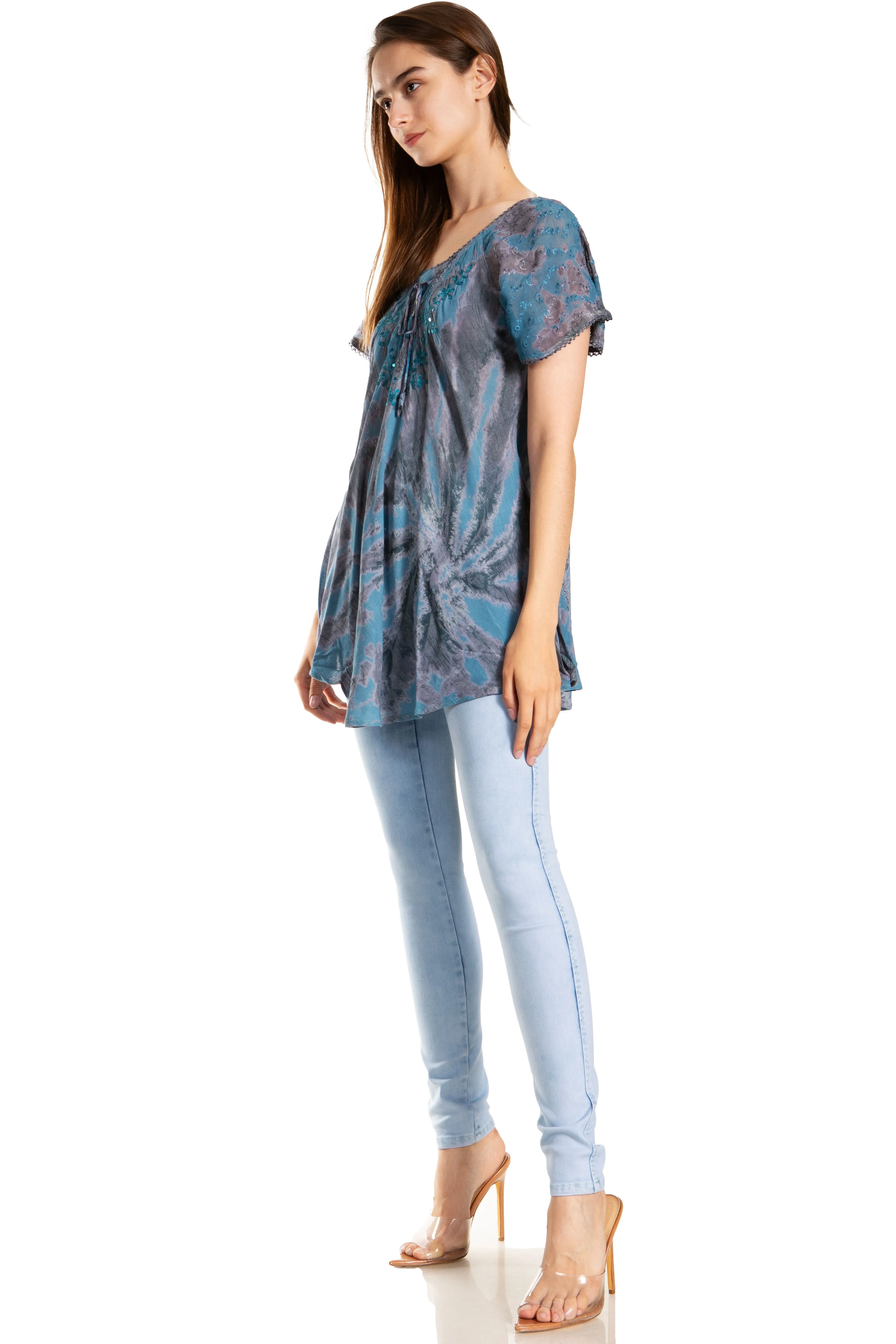 Sakkas Marzia Women's Loose Fit Short Sleeve Casual Tie Dye Batik Blouse Top Tunic