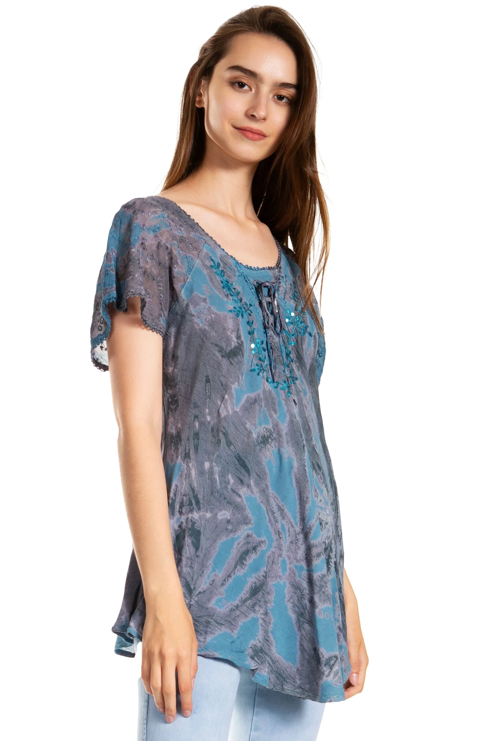 Sakkas Marzia Women's Loose Fit Short Sleeve Casual Tie Dye Batik Blouse Top Tunic