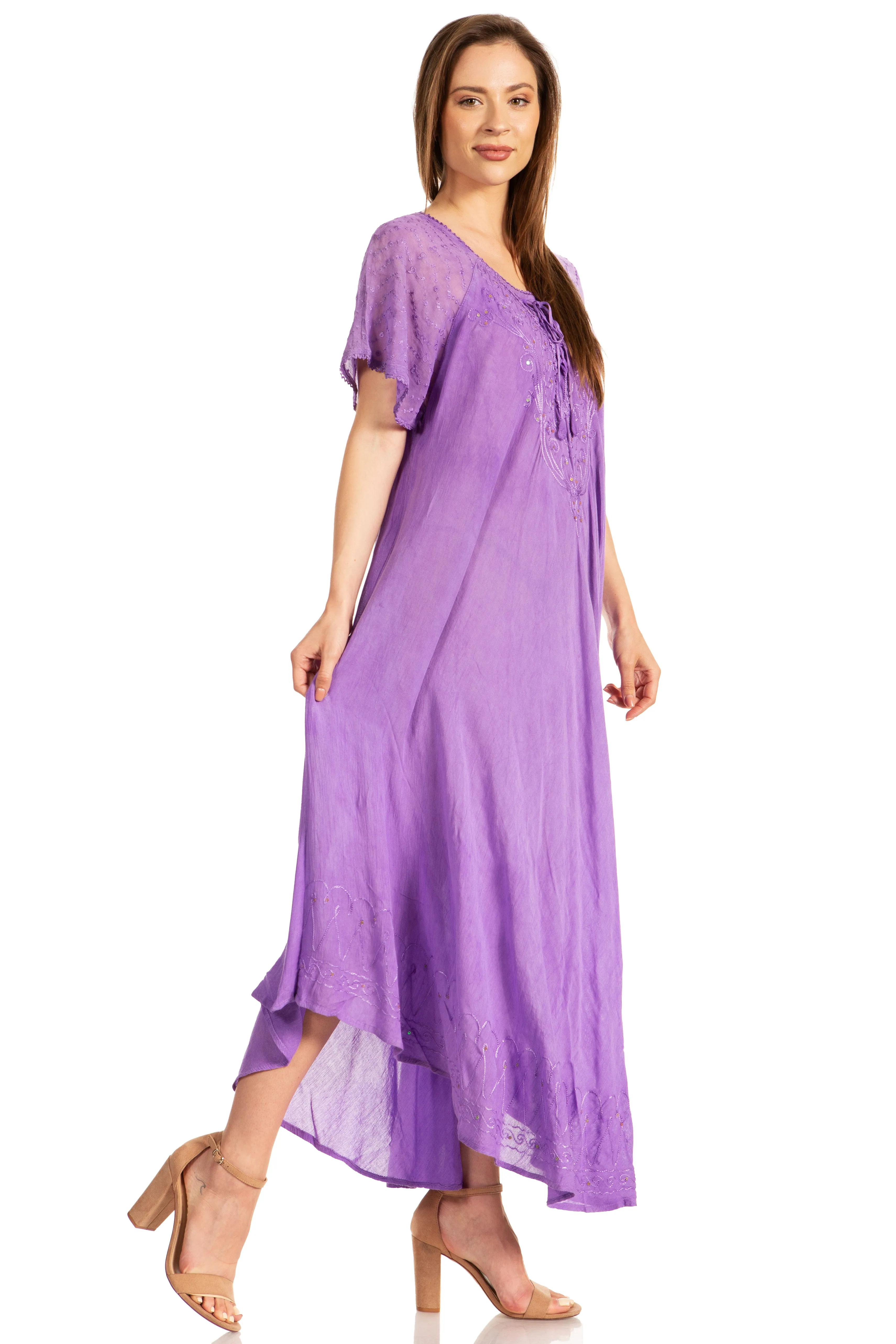 Sakkas Myani Two Tone Embroidered Sheer Cap Sleeve Caftan Long Dress | Cover Up